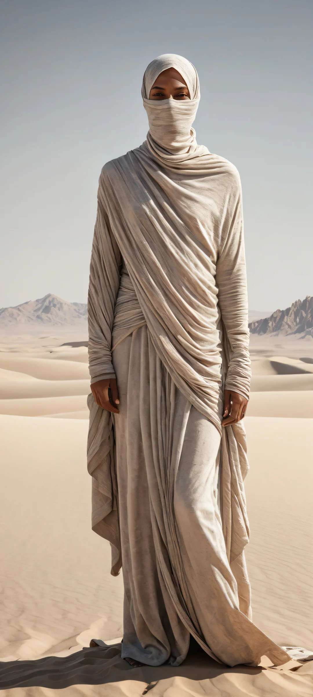 Ethereal Ruins Aesthetic Phone Wallpaper iPhone and Android compatible portrait of a figure covered in ash-like fabric, set against an empty desolate landscape with breathtaking micro-details.