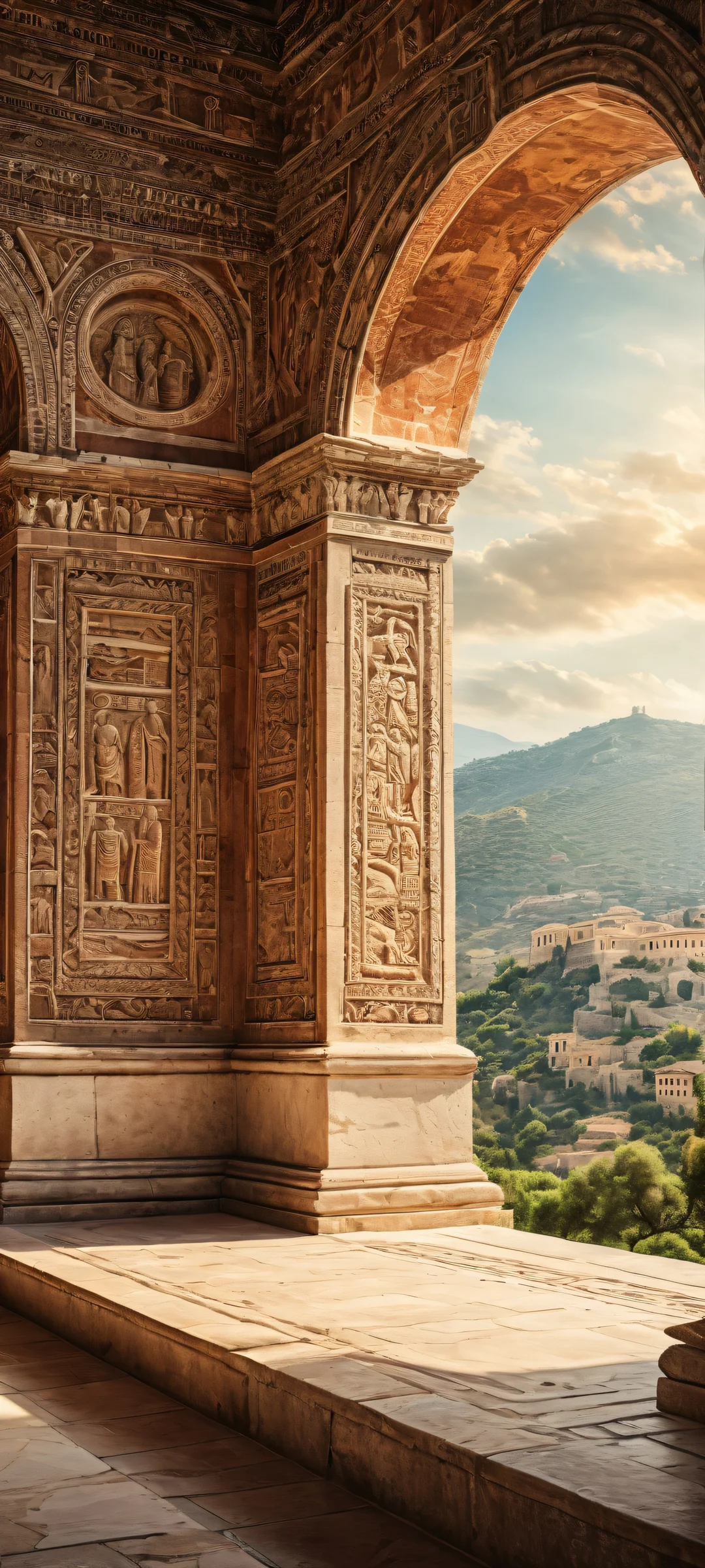 Ancient Roman architecture on iPhone/Android with intricate micro-details and atmospheric background.