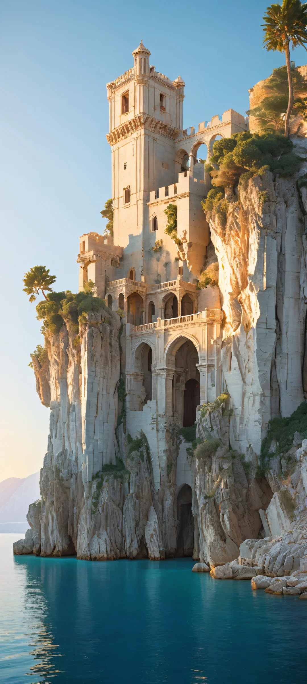 Majestic floating castle ruins amidst Mediterranean coastline at sunset. Perfectly optimized for iPhone/Android home screens.