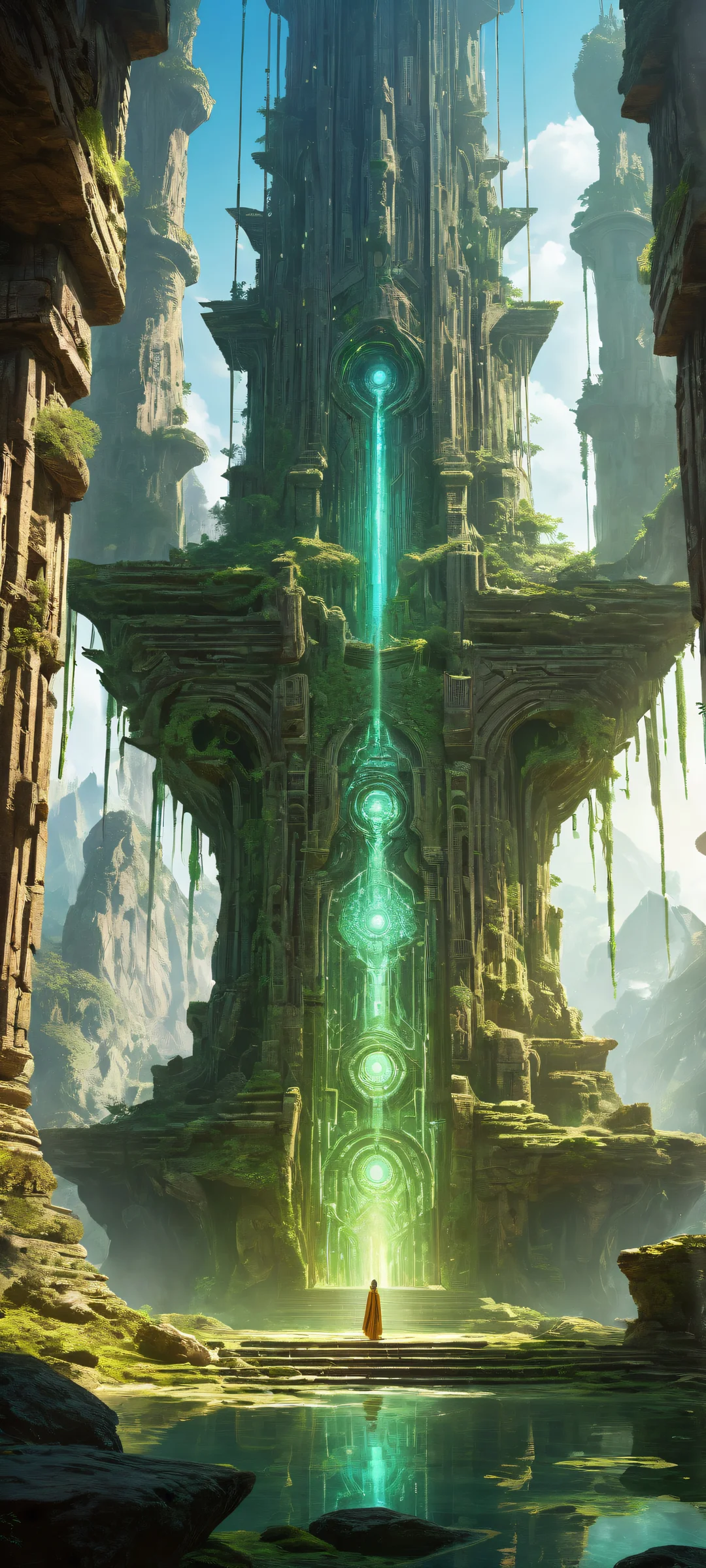 A colossal ancient device amidst a vast cavern, with glowing runes and mossy growths, iPhone と Android のホーム画面に完全に最適化.