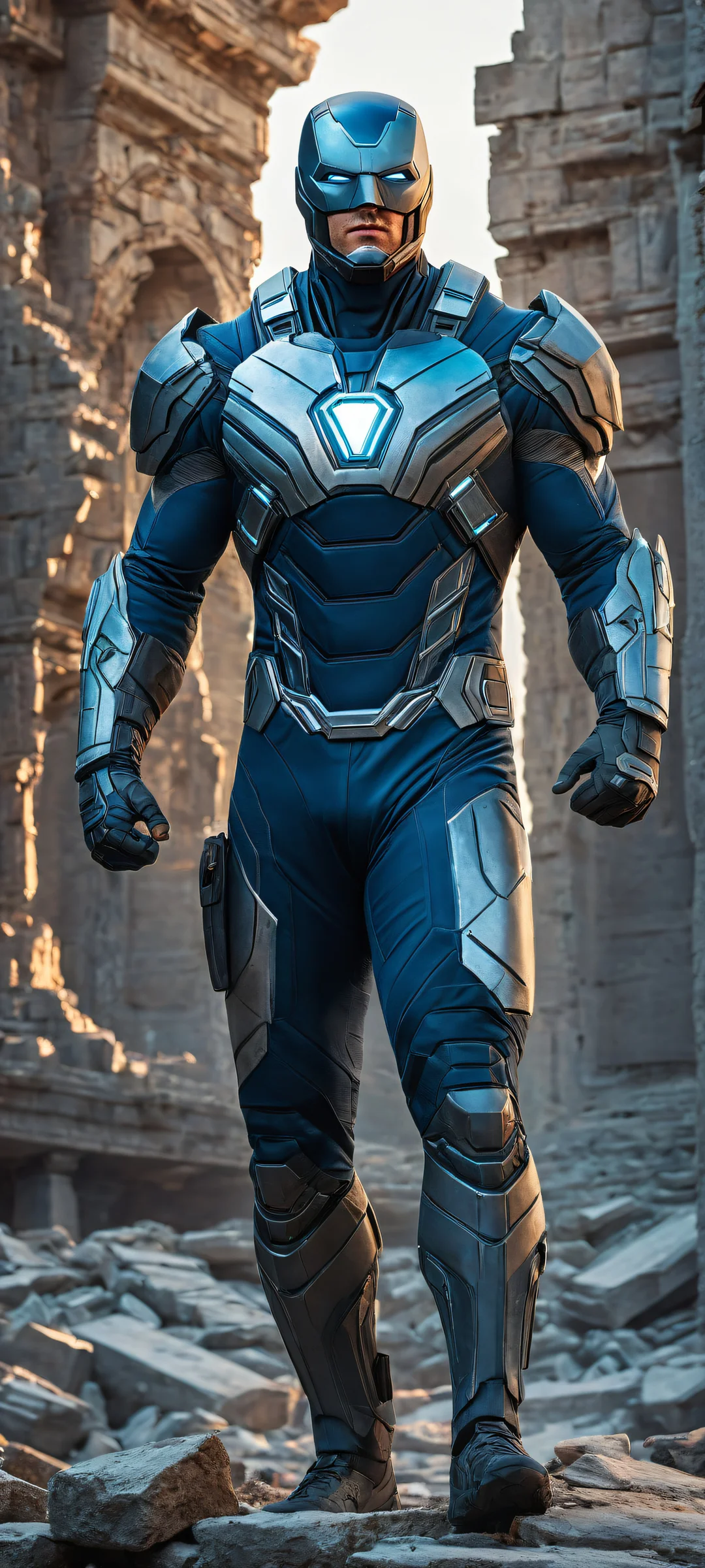 Breathtaking portrait of Nolan Grayson's Viltrumita suit surrounded by ruins, parfaitement optimisé pour les écrans d'accueil iPhone et Android.