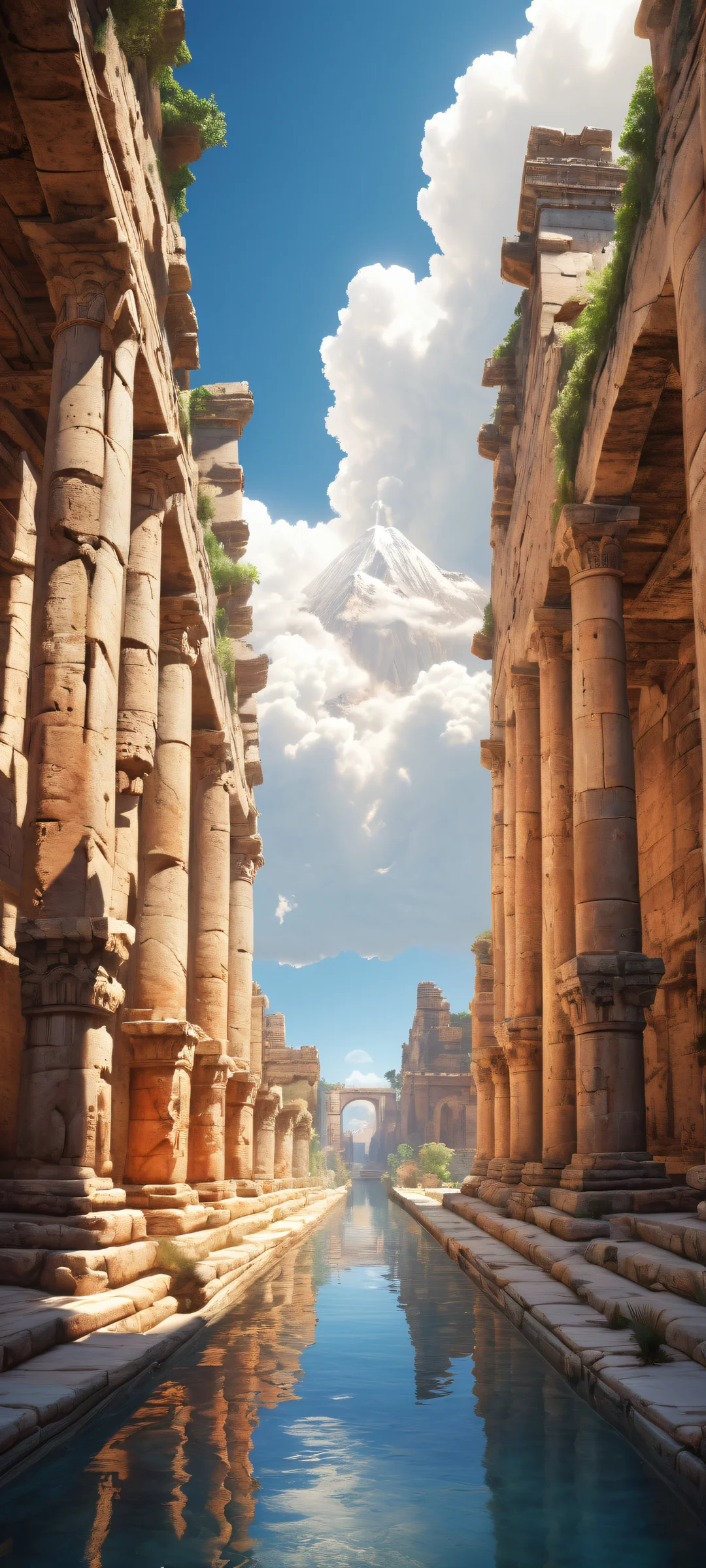 Ancient ruins landscape on iPhone/Android with radiant colors and ray-traced reflections