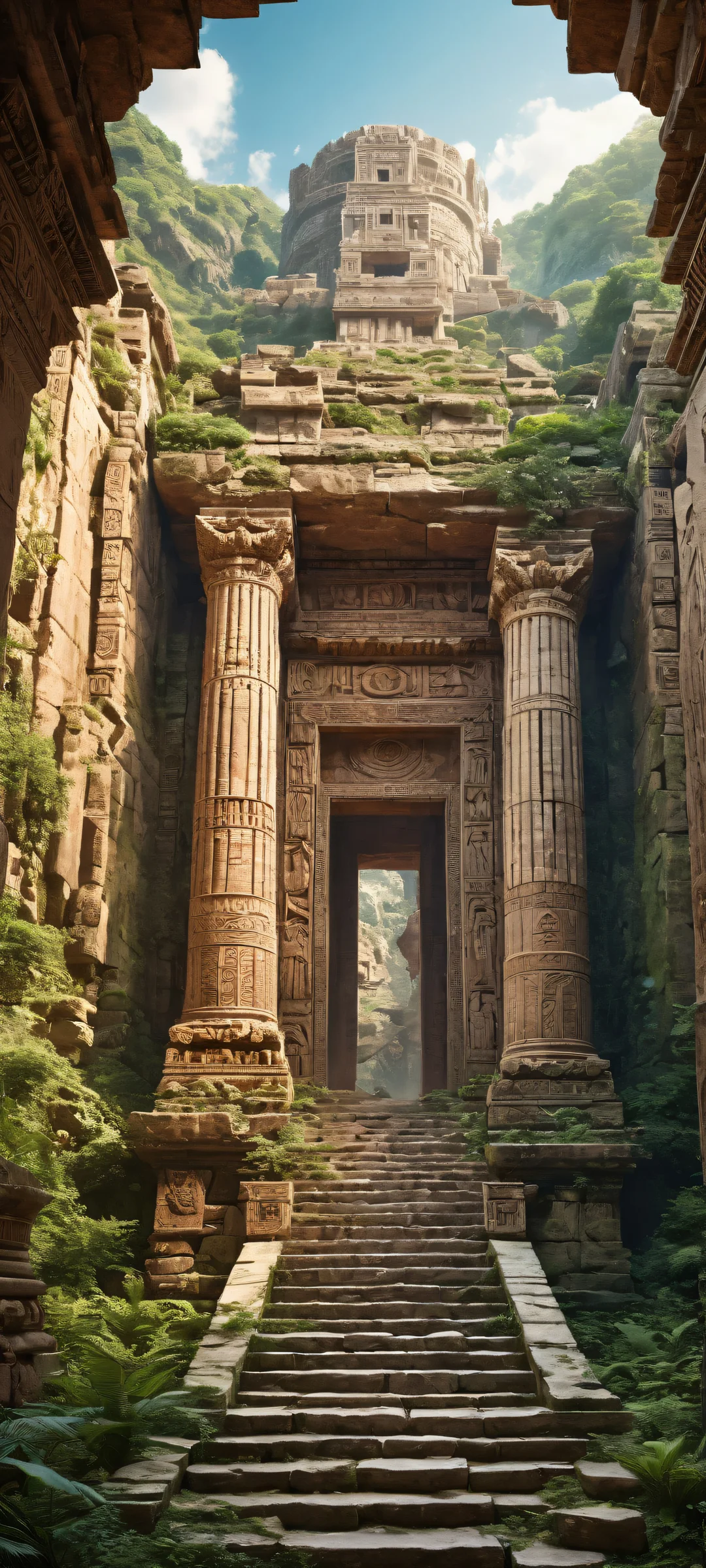 Ethereal Ruins Lock Screen for iOS & アンドロイド Ancient ruin with intricate stone carvings and mystical runes on a iPhone/Android wallpaper, perfect for your mobile home screen.