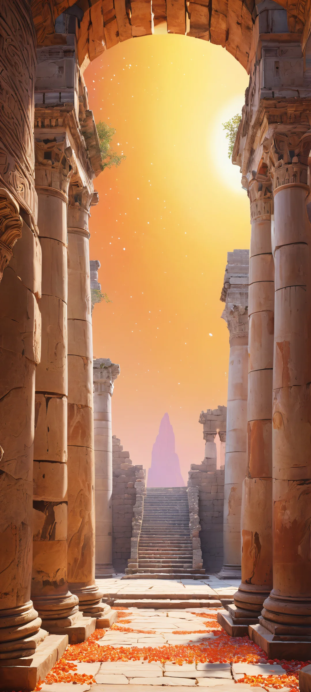 Ethereal Ruins 2K Phone Wallpaper Ancient ruins on iPhone/Android with radiant colors and ray traced reflections