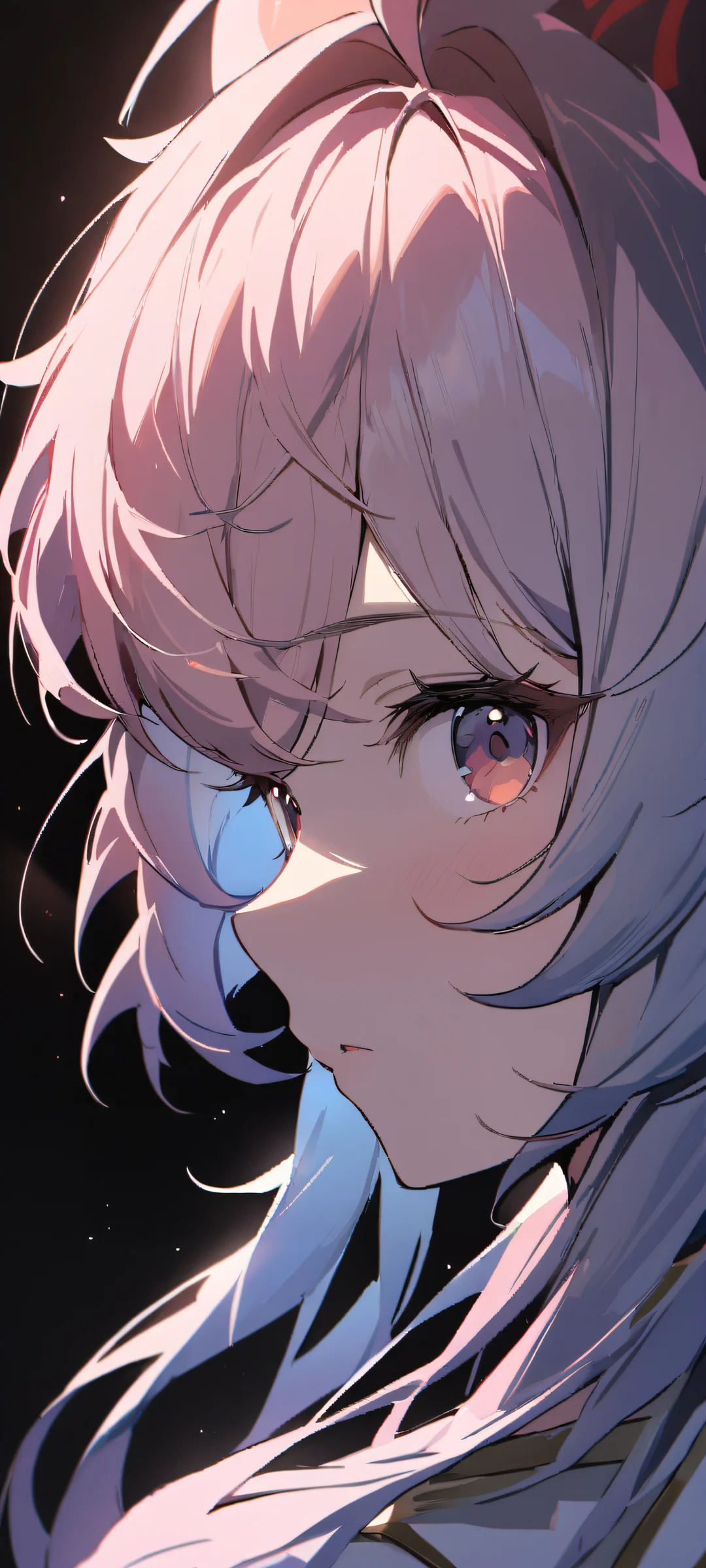 Beautiful anime-inspired portrait of Ganyu from Genshin Impact on a black background with pastel pink, blue, and white accents for iPhone/Android wallpaper use.