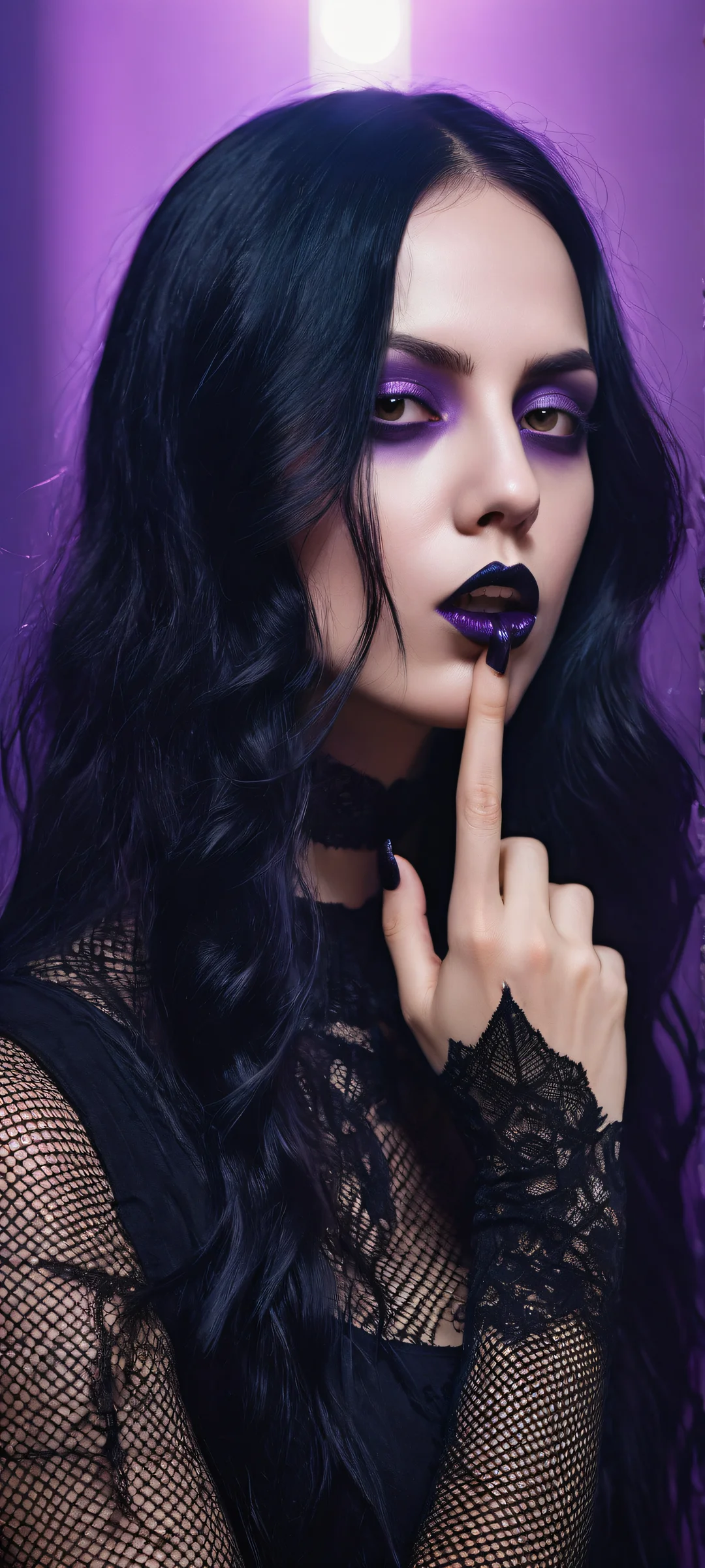 Ethereal Scarecrow iPhone & Samsung QHD-HintergrundbildiPhone/Android-kompatibel Abstract goth woman with finger to mouth, standing amidst purple haze and glitched scarecrow. iPhone/Android compatible.