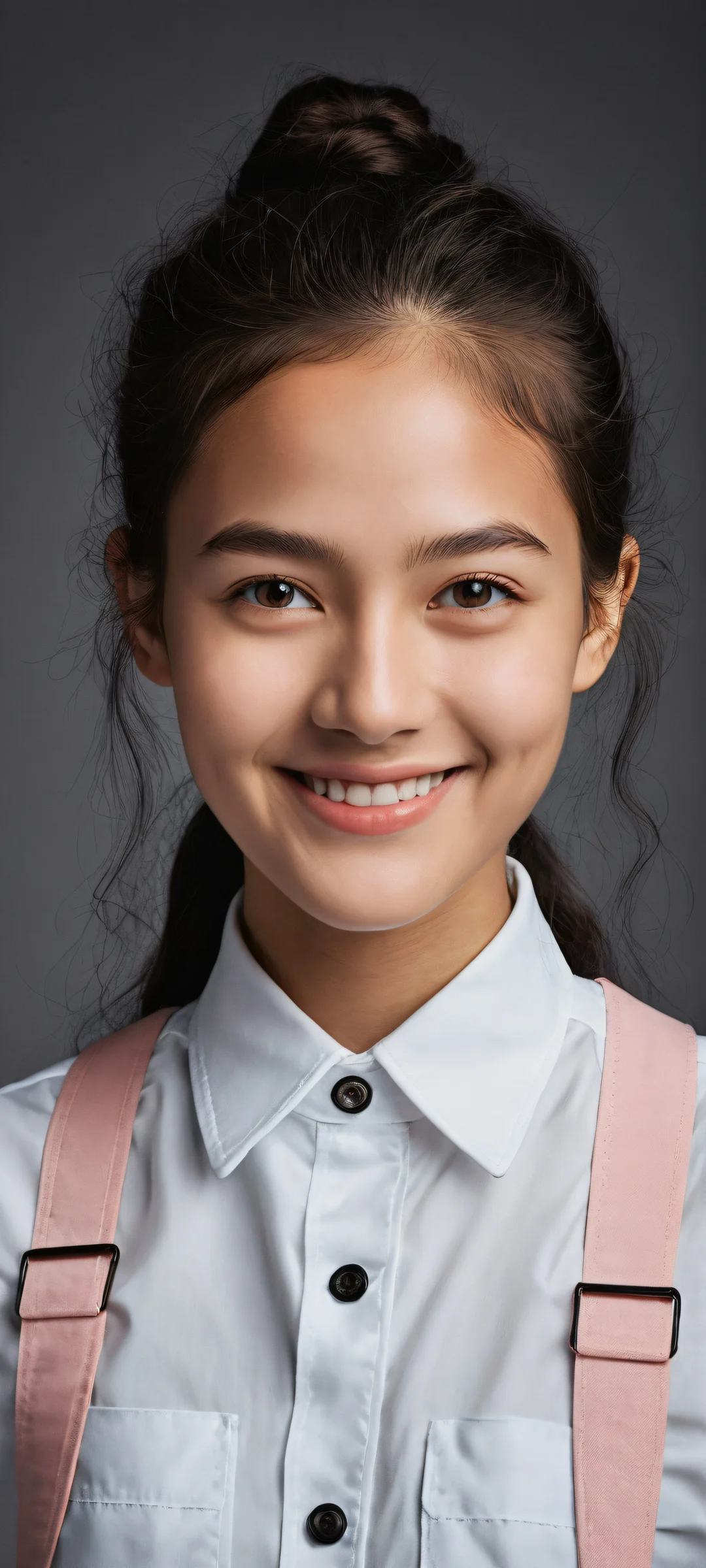 A smiling schoolgirl in a crisp white uniform on a serene and intimate setting. Perfeito para telas iniciais de iPhone/Android.