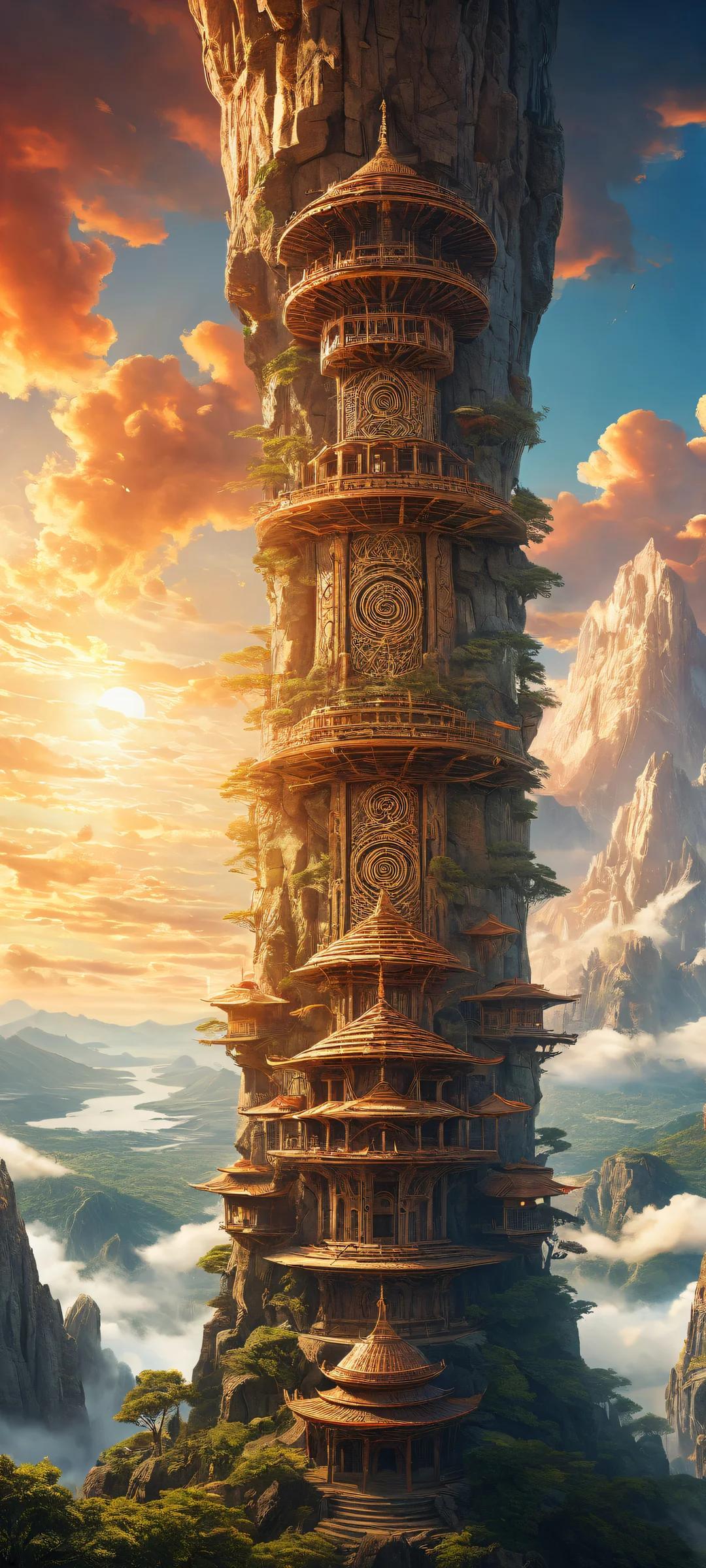 Ancient scrolls and mystical energies on a futuristic landscape for iPhone/Android