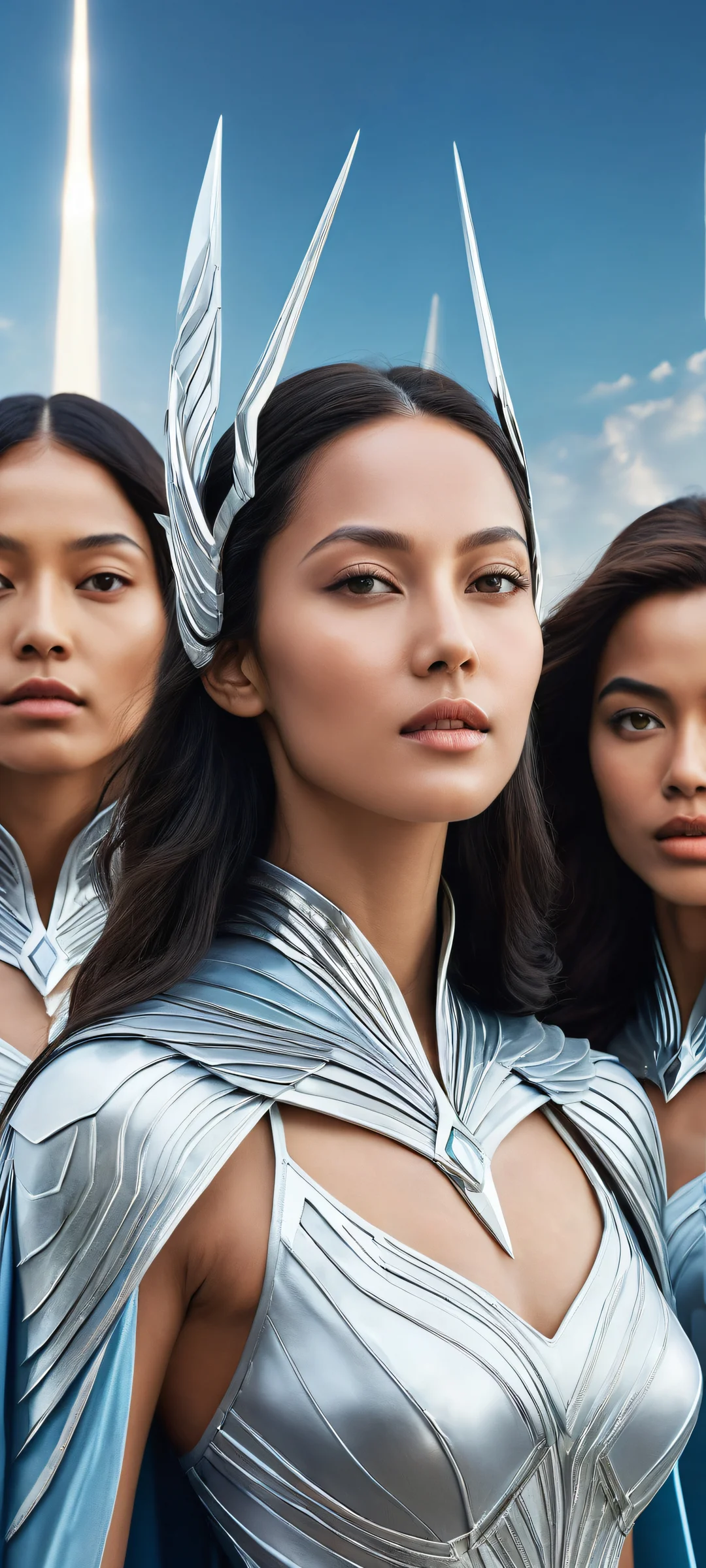 A majestic woman quartet against a pure void background with intricate micro-details and ethereal lighting. Perfectly optimized for iPhone, Samsung Galaxy, and Android home screens.