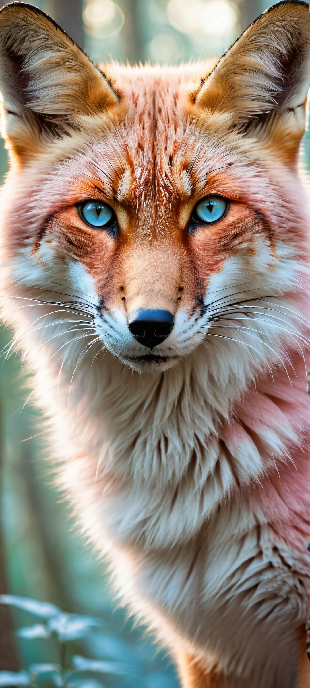 Anthrone Fox portrait with iPhone/Android compatibility, featuring a serene forest landscape and intricate micro-details. Perfect for Android or iPhone home screens.
