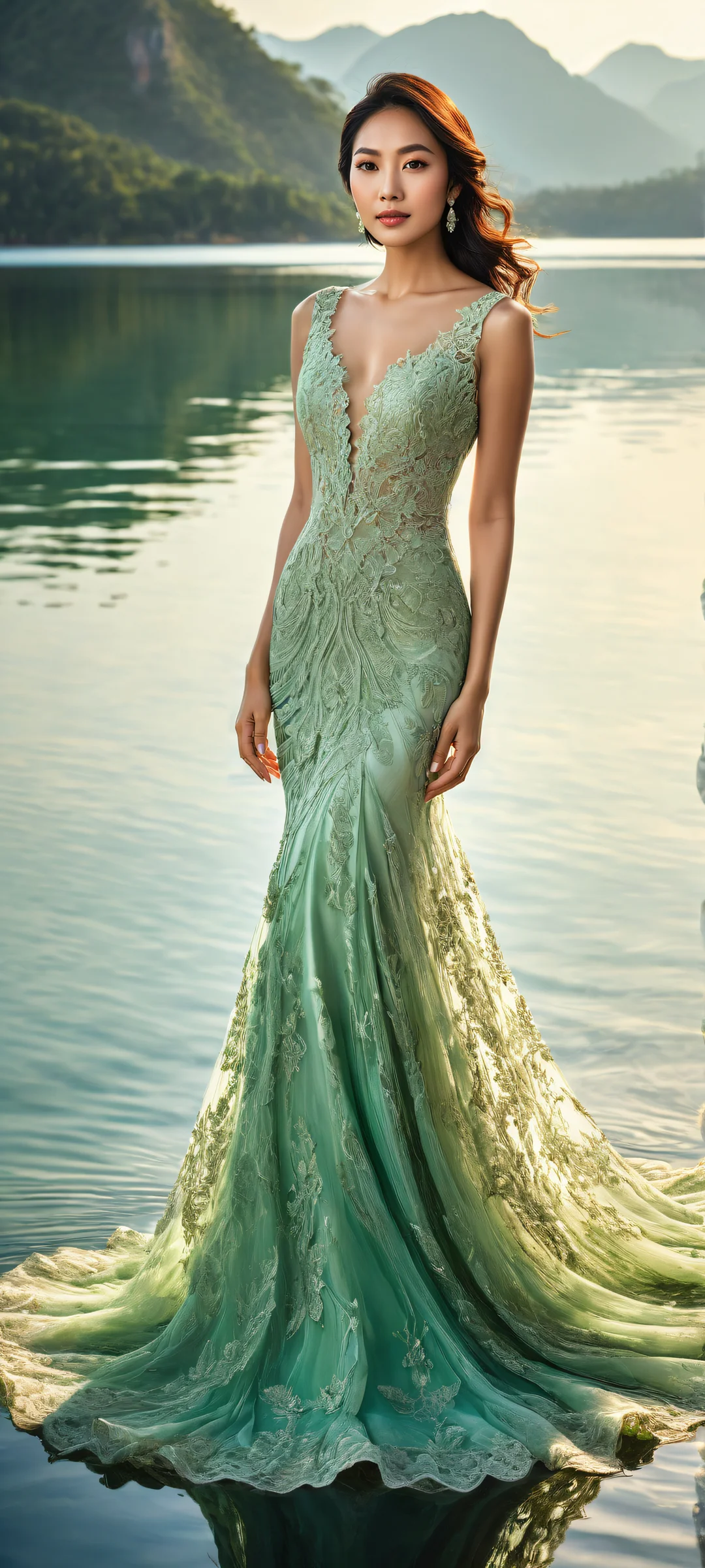 A stunning Asian woman in a green gown, iPhone/Android wallpaper with a serene lake and ethereal lighting.