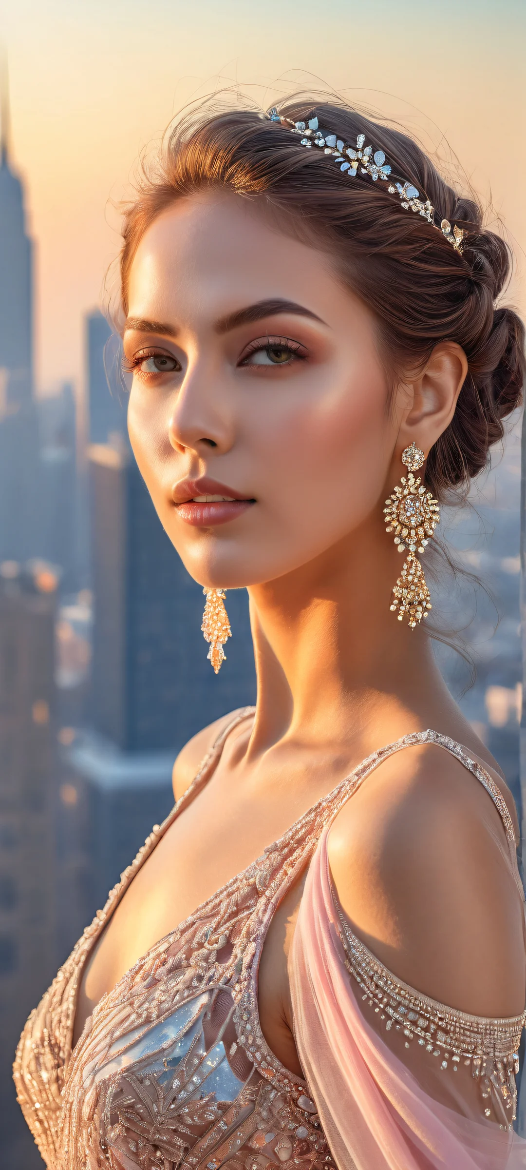 Ethereal Serenade 2K QHD Home Screen Stunning model portrait with iPhone/Android optimized design for home screen, featuring intricate details and breathtaking city skyline in pastel shades.