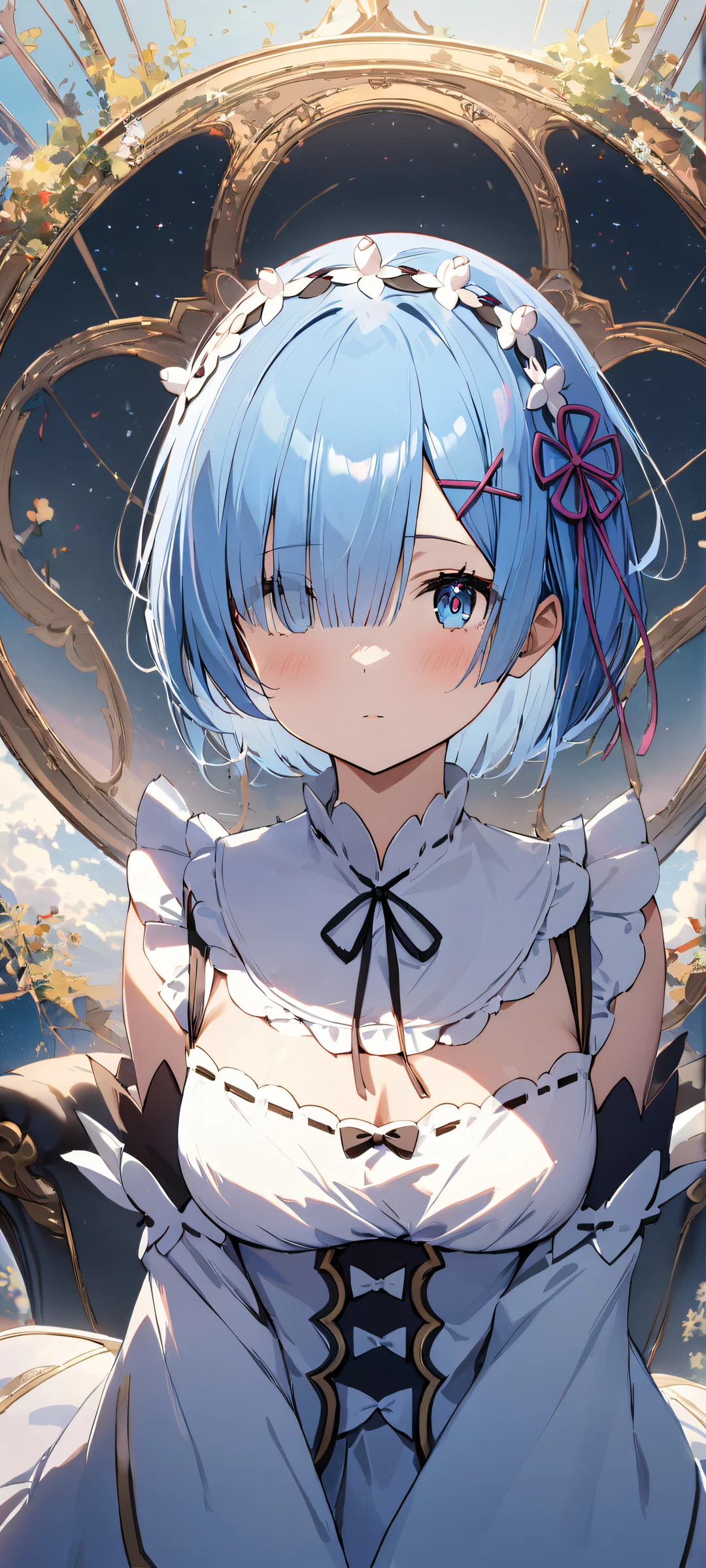 A serene anime girl gazes at the viewer amidst a breathtaking 8K resolution sky on an iPhone or Android device.