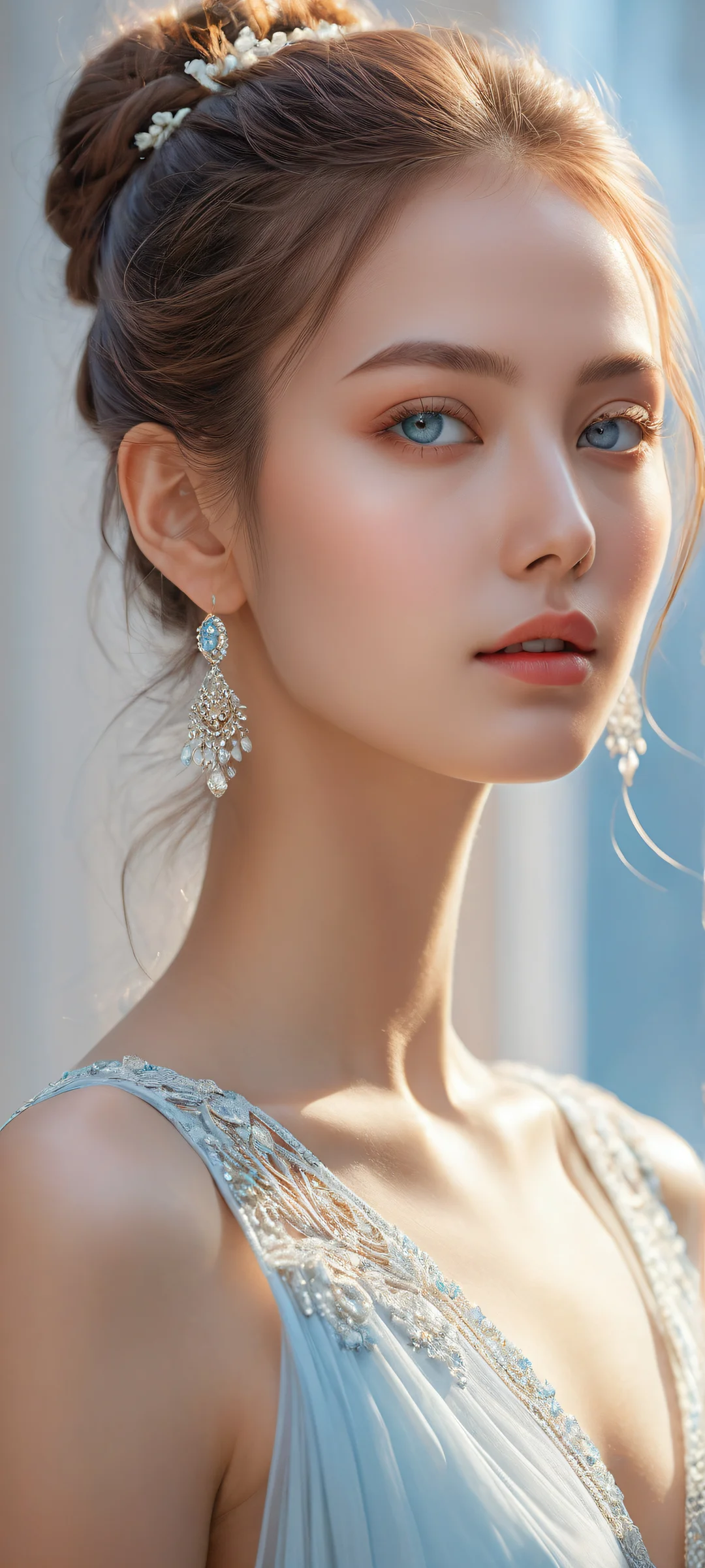 A dreamy portrait of a girl on an iPhone or Android device, showcasing intricate details and a vast pure void for UI widgets.