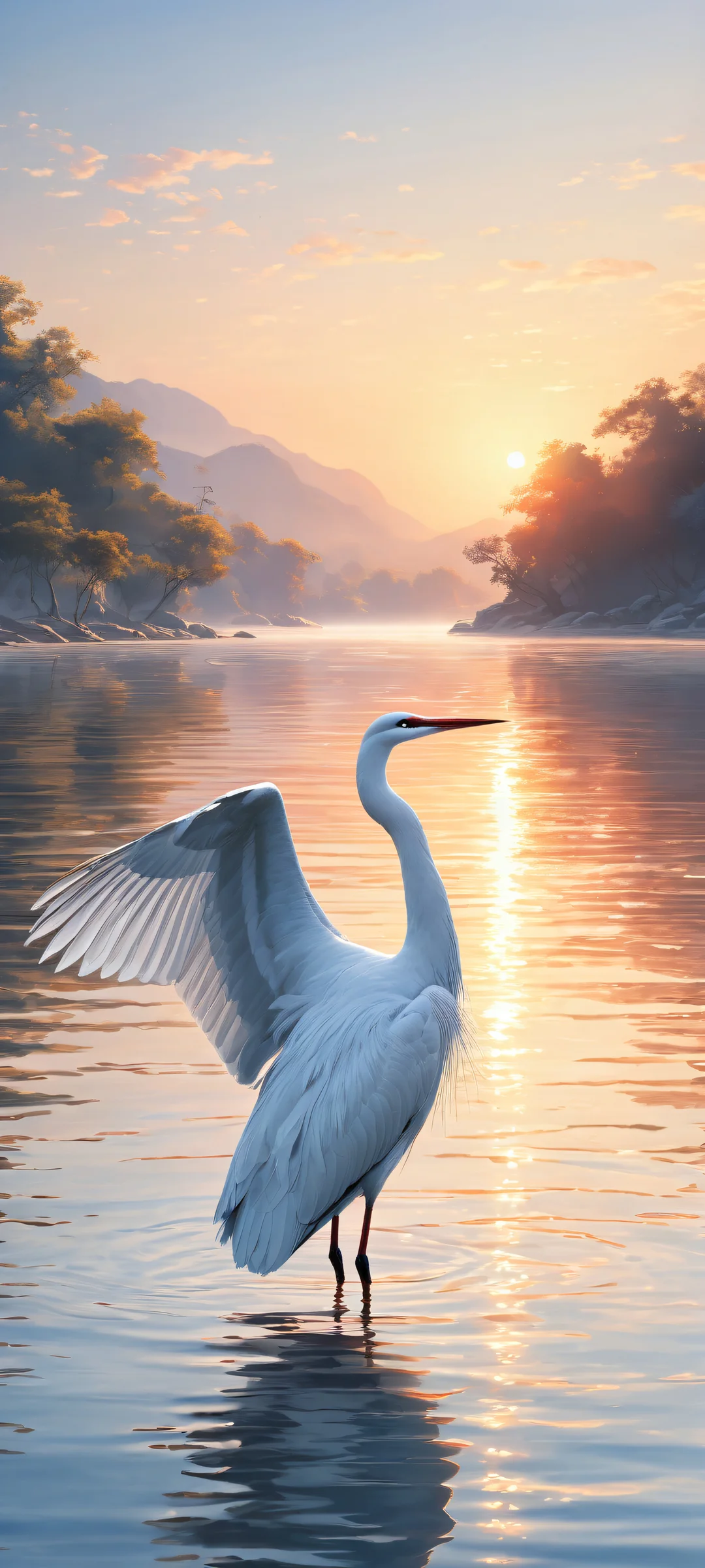 Stunning digital art featuring Asian clothing and cranes on a serene river scene with iPhone/Android perfect composition.