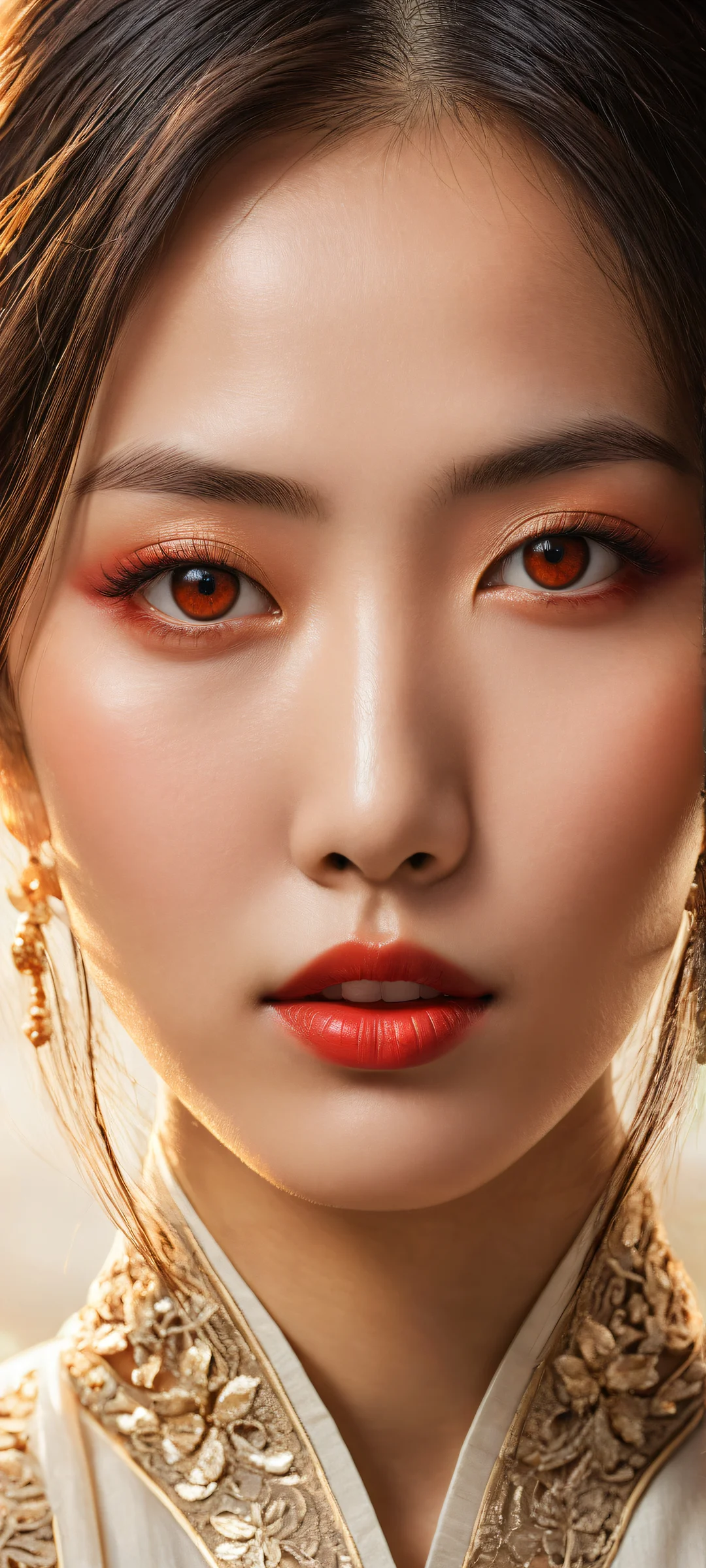 A serene Asian woman with radiant red eyes gazing directly at the viewer, set against a pure void background. Perfect for iPhone and Android home screens.
