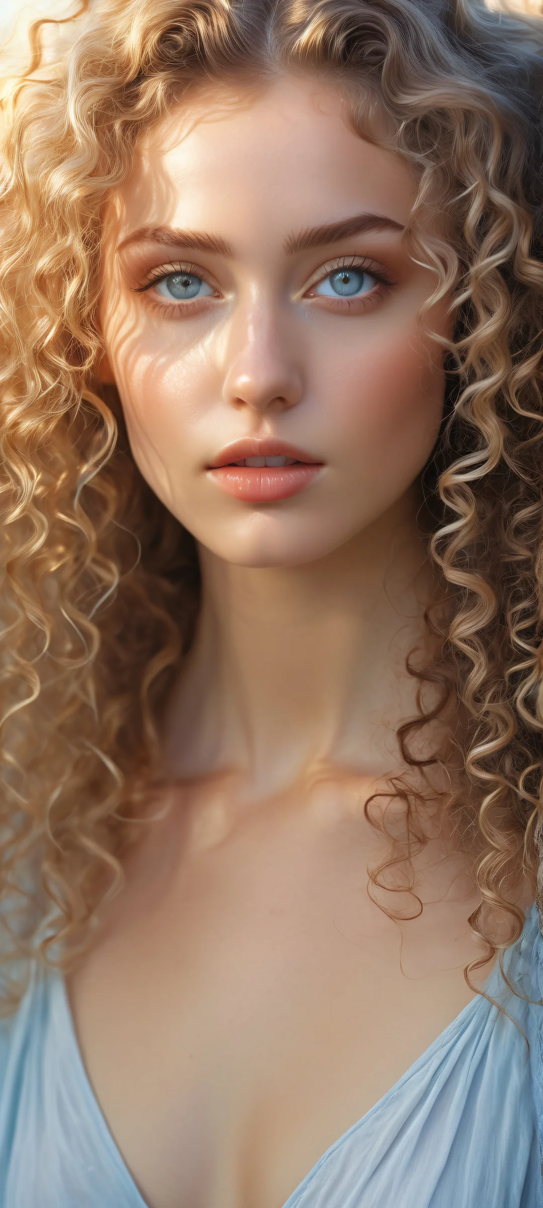 Majestic young woman with extraordinary long curly hair against a pure void, Perfectamente optimizado para pantallas de inicio de iPhone y Android..