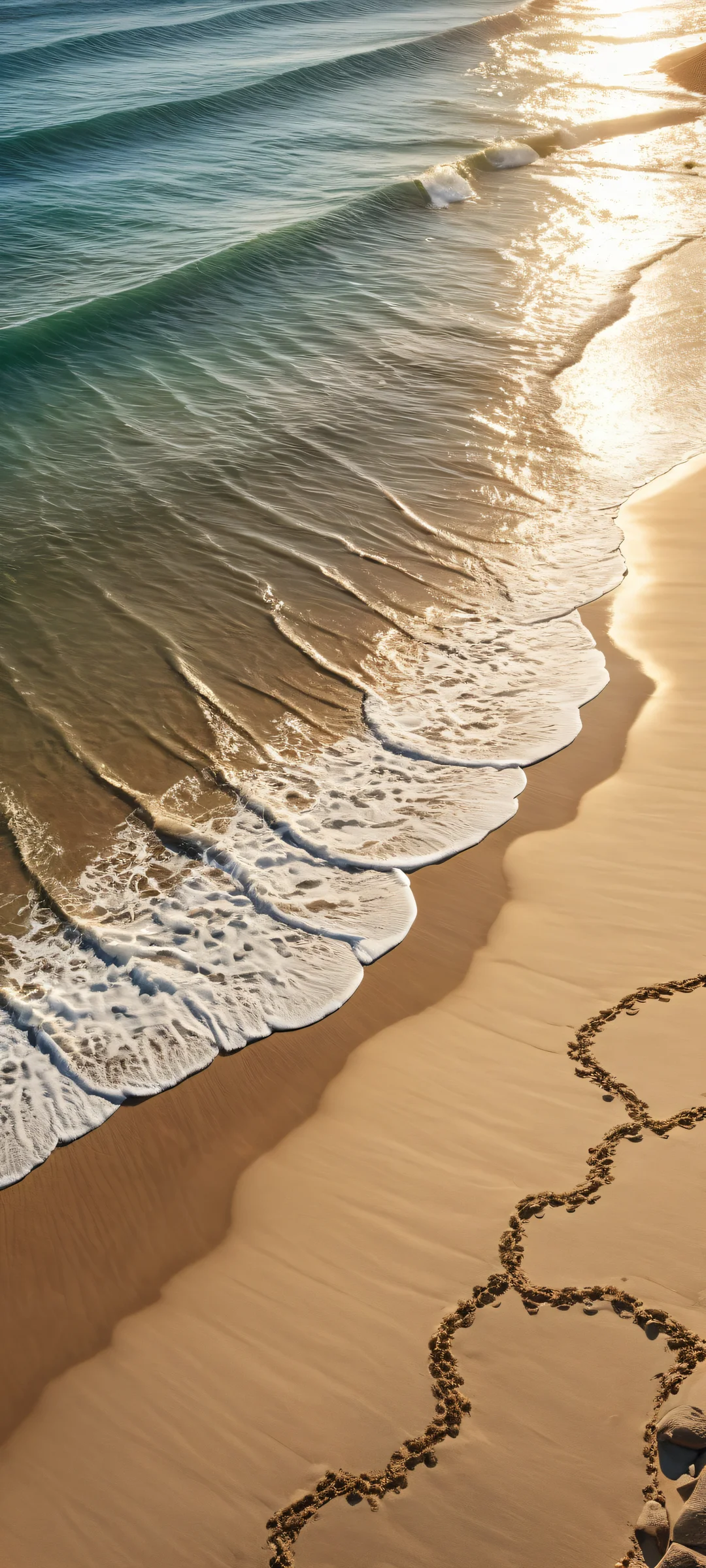 A serene beach scene with intricate details, perfeito para telas iniciais de iPhone/Android. Enjoy the vast empty sky and the beautiful 8K resolution.