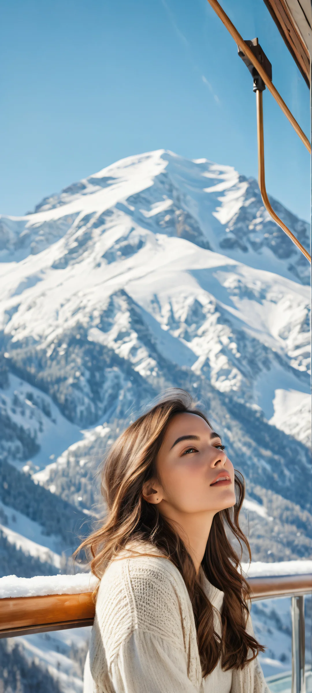 A young woman in a cable car surrounded by snowy mountains. iPhone/Android.
