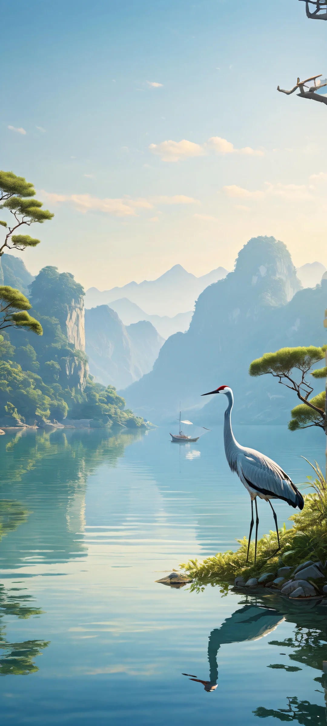 Cranes in perfect harmony, surrounded by serene riverbank and endless blue sky at dusk. iPhone/Android compatible.