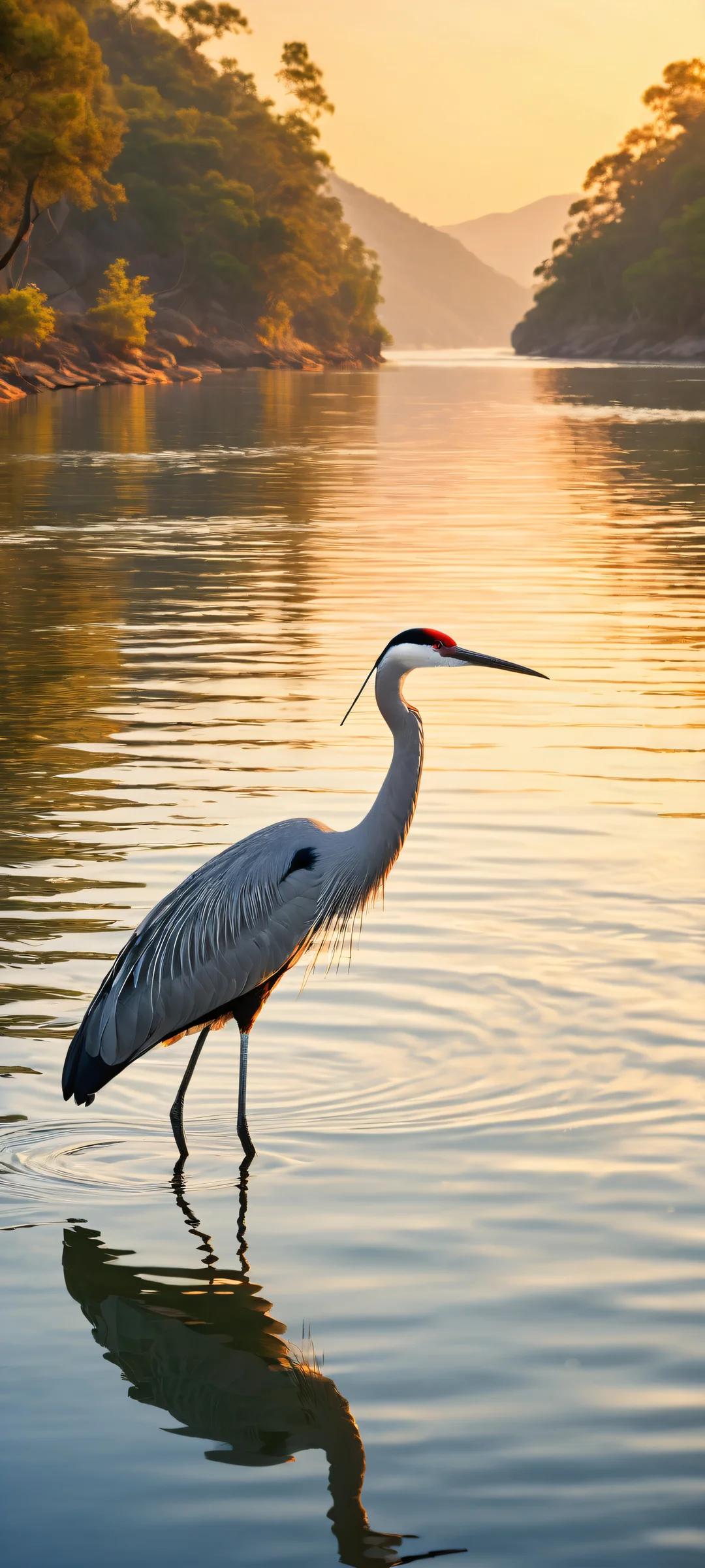 iPhone/Android wallpaper featuring cranes in serene riverbank scenery at dusk, with stunning visual impact and intricate micro-details.