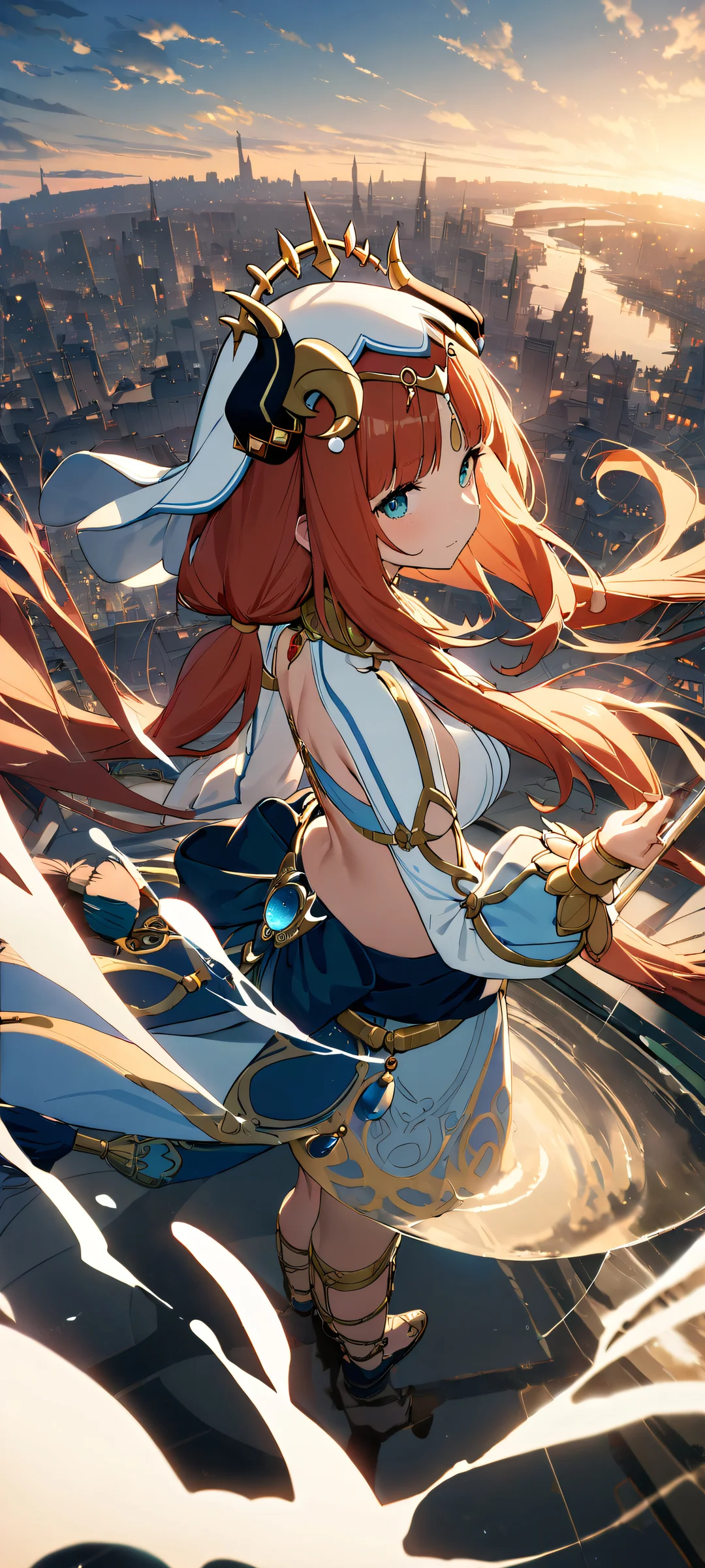 Ni-ou from Genshin Impact, looking directly at the viewer on a bright and airy background, with a serene garden below.