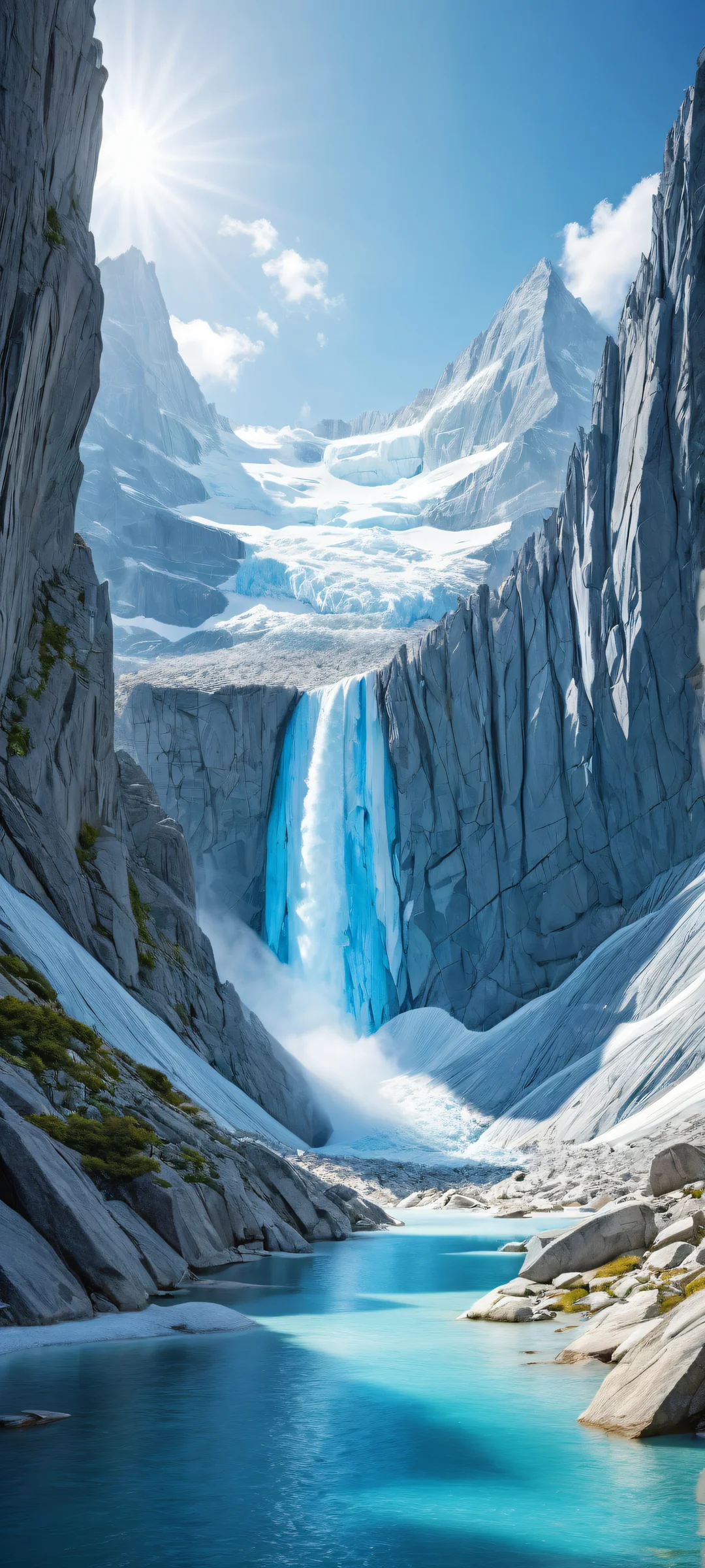 iPhone and Android-compatible artwork of glaciers on a pure blue sky with a serene prairie landscape below, perfect for home screens.