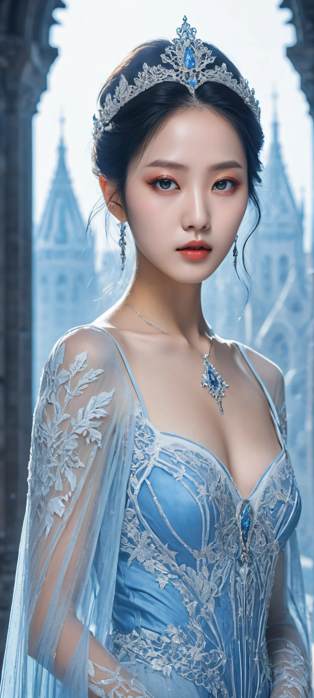 Portrait of a K-pop idol with glowing blue cracks on her porcelain skin, set against a frozen gothic cathedral in the background. Perfect for iPhone/Android home screens.