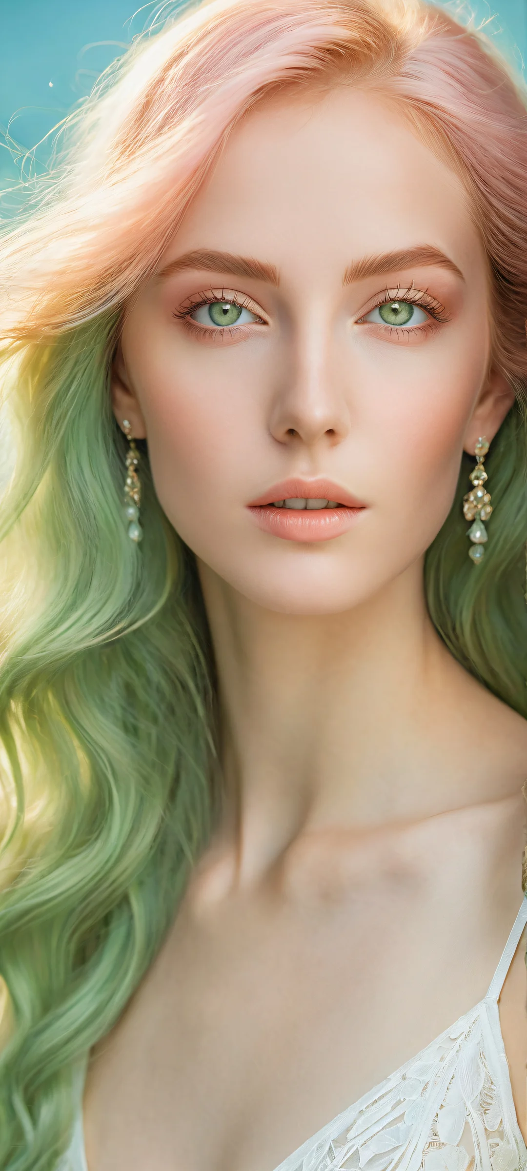 A stunning lady against an infinite blue background with intricate micro-details and flawless complexion on iPhone/Android