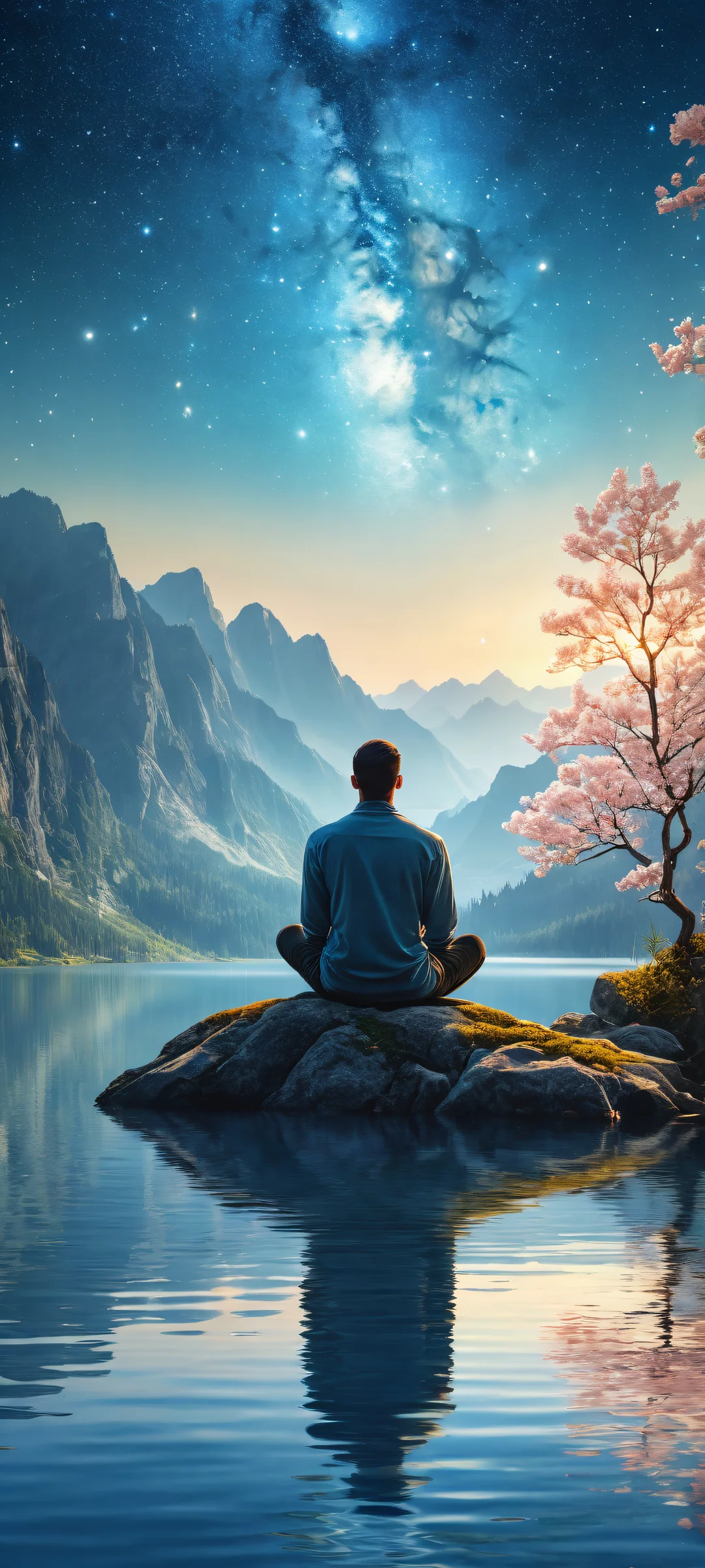 A majestic man sits by a serene lake, surrounded by stars and nenuphar flowers on an iPhone or Android home screen.