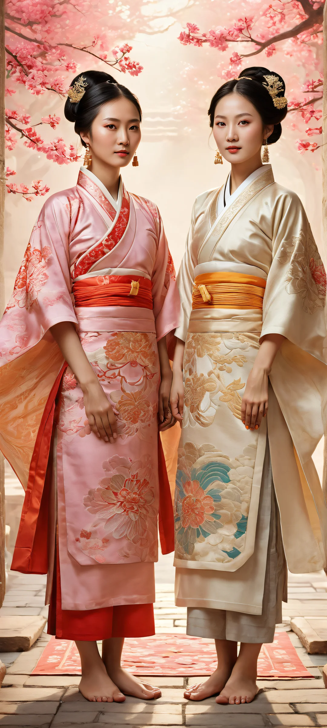 A beautiful portrait of Lu Xuanxuan and Anran, two Asian women, sitting in the lower middle with intricate traditional Chinese clothing and bare feet, looking invitingly at the viewer. Parfait pour les écrans d'accueil iPhone et Android.