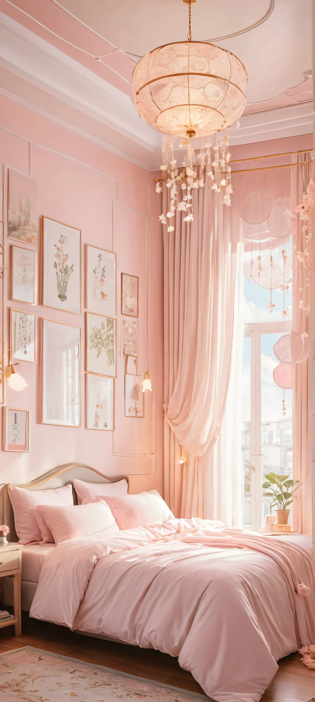 A maid-themed anime girl surrounded by plush toys and books on a peaceful bedroom background, perfectly optimized for iPhone/Android home screens.