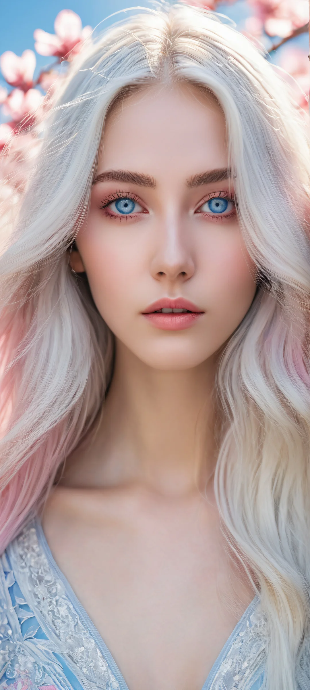 A majestic girl with long, flowing silver hair and pink eyes gazing at the viewer from a serene backdrop of delicate petals on an iPhone/Android.