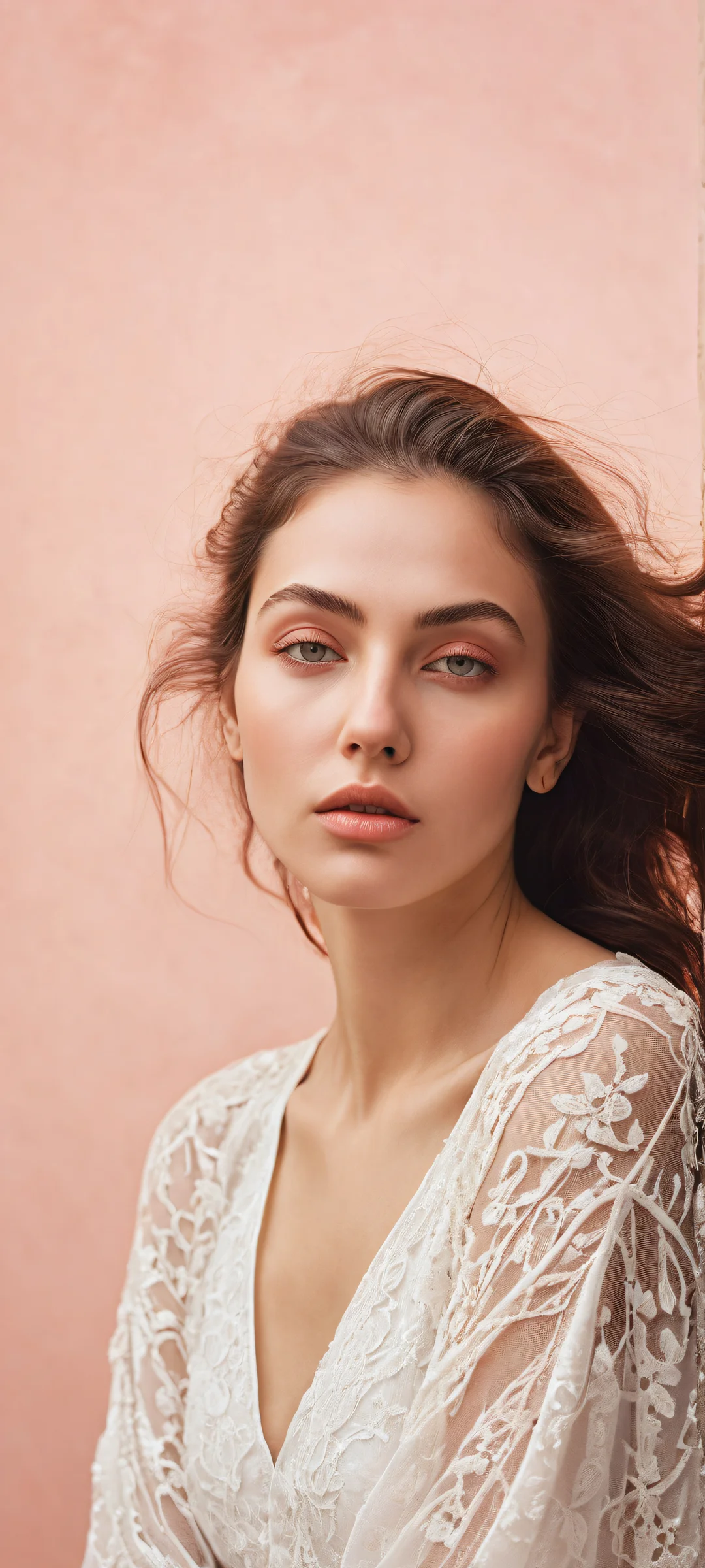 Stunning portrait of Maya Shakhnazarova resting her head in hands, placed on a vast pure void with an epic magazine layout below. Parfait pour les écrans d'accueil iPhone/Android.