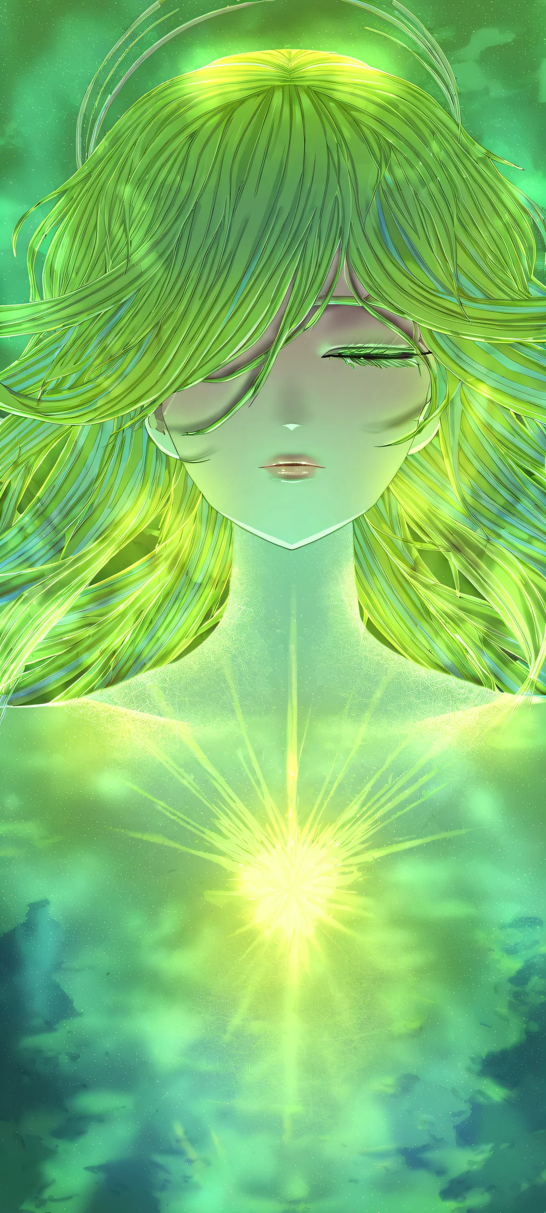A serene anime girl with lush green hair and a breathtaking underwater scene. Perfectly optimized for iPhone, Samsung Galaxy, and Android home screens.
