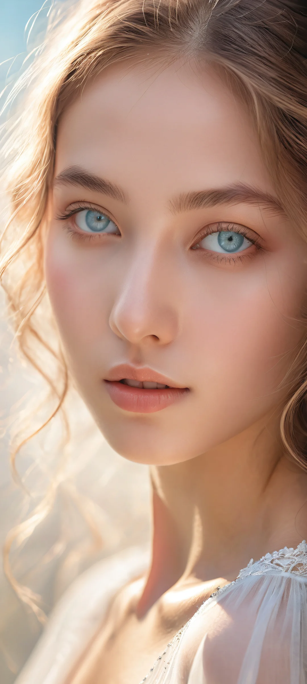 A young girl portrait with intricate details on iPhone/Android device screens, featuring radiant lighting and pastel hues.