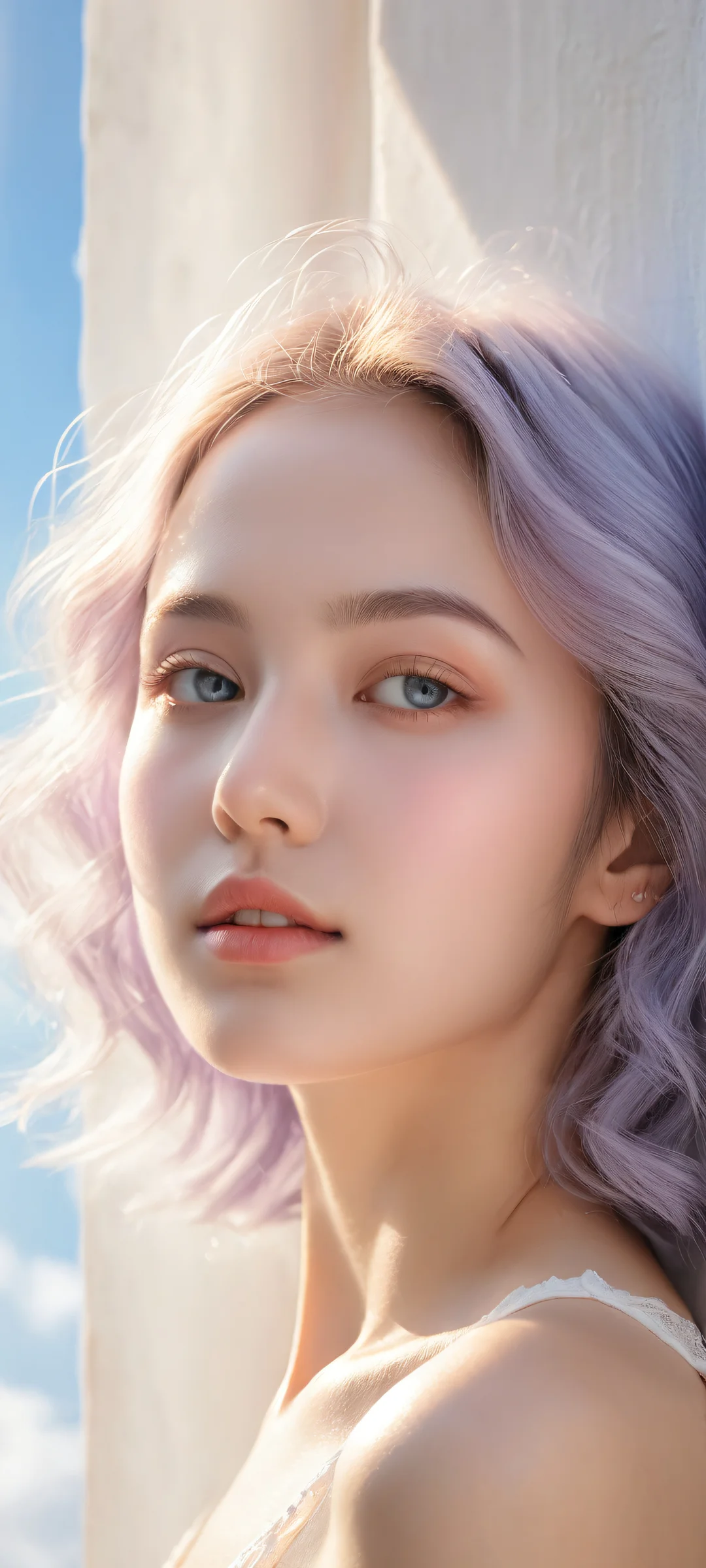 Ethereal Serenity 2K QHD Mobile Wallpaper A young girl lounges lazily with a serene expression on her iPhone or Android phone.