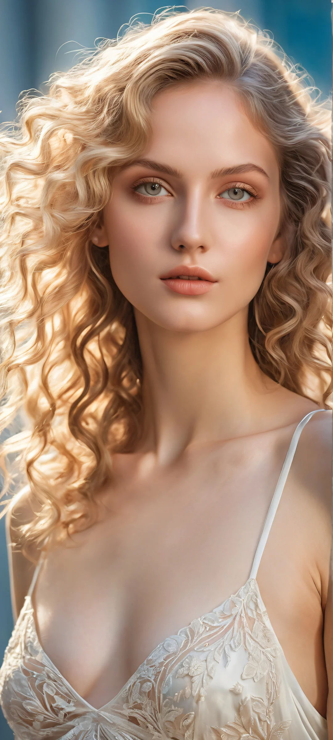 A stunning female figure with flowing curls on a pure void background, perfectly optimized for iPhone/Android home screens.