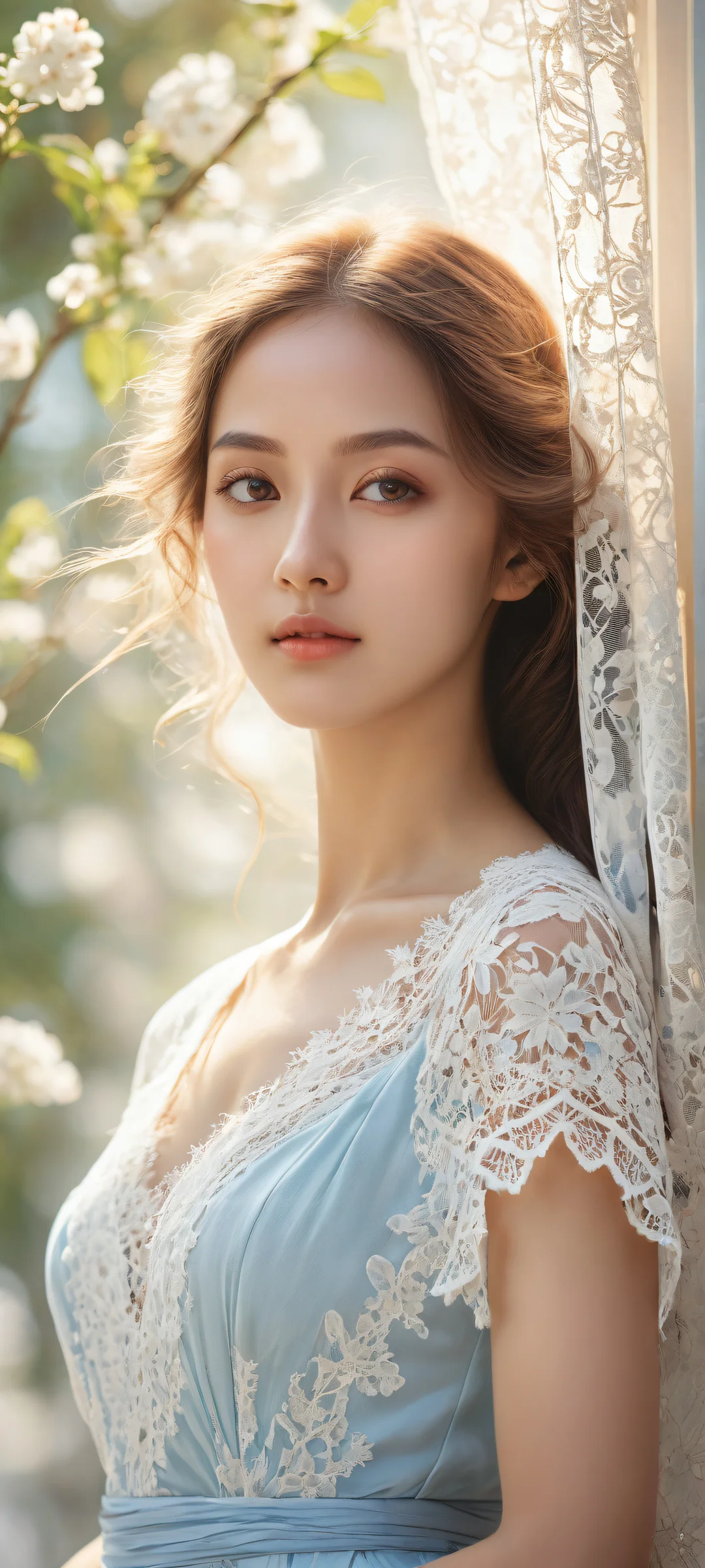 A serene young woman iPhone/Android wallpaper with intricate details and soft pastel hues evoking feelings of serenity, tranquility, and wonder.