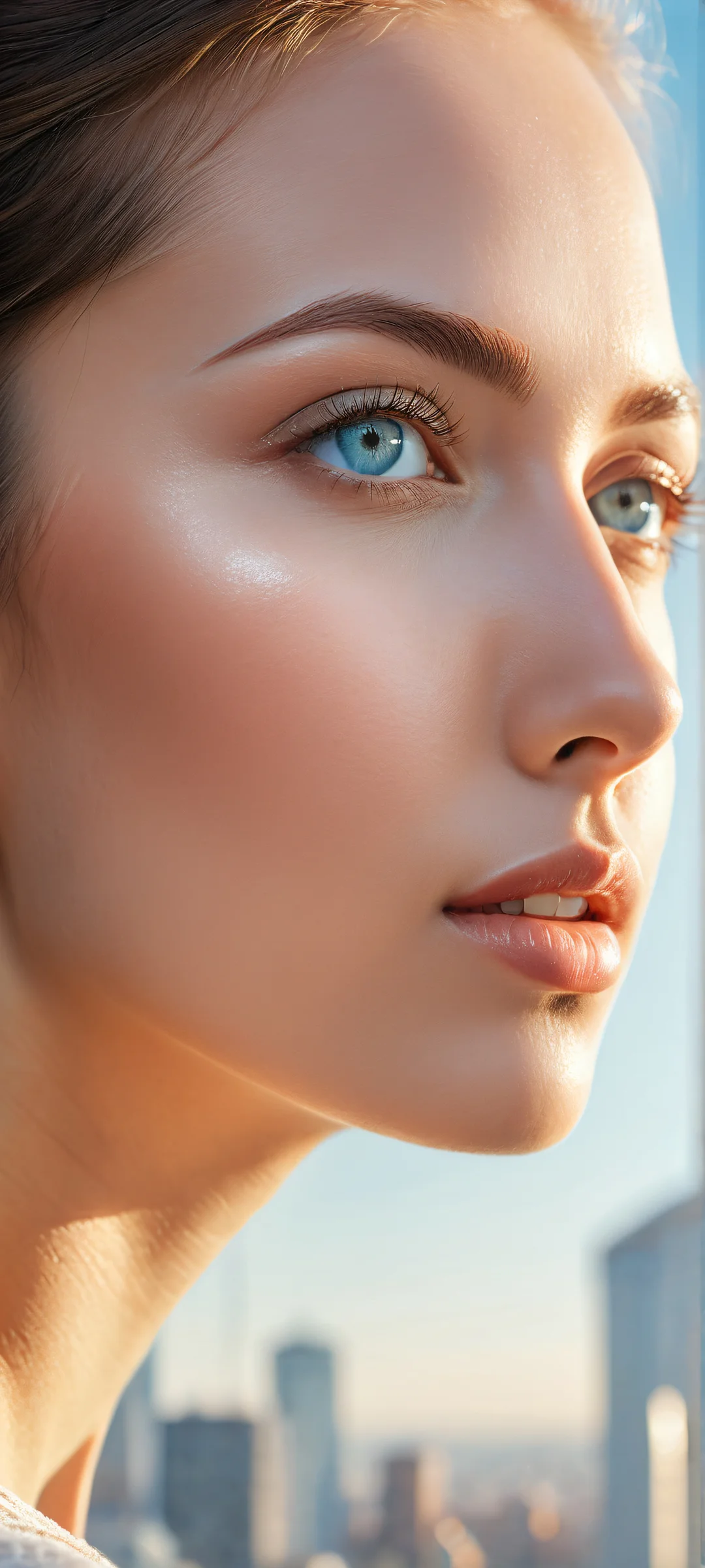 A breathtaking portrait of a serene woman with intricate eye details and a stunning cityscape background, Perfectamente optimizado para pantallas de inicio de iPhone/Android..