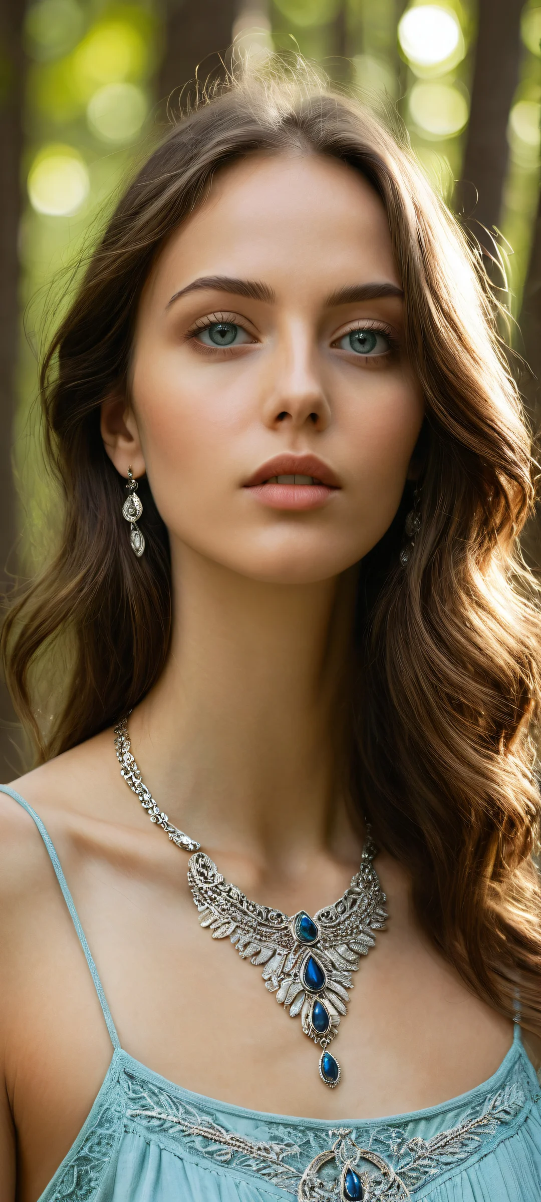 Young woman with brown hair and blue eyes set against a serene forest landscape. Parfaitement optimisé pour iPhone, SamsungGalaxy, et écrans d'accueil Android.