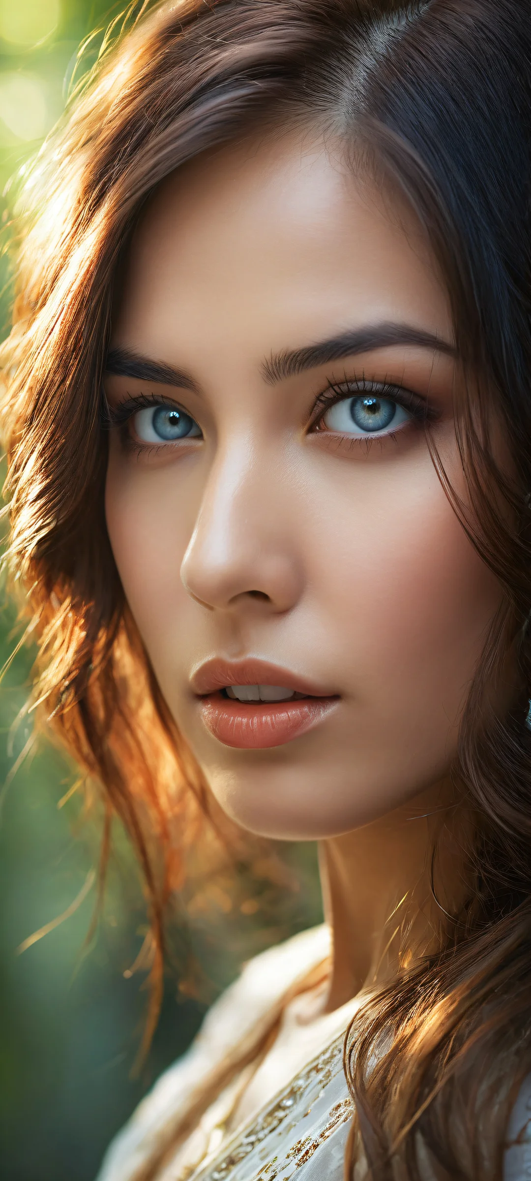 A stunning female portrait with insane micro-details on her eyes and hair, perfectly clean top half, and a serene forest landscape background, ideal for iPhone/Android home screens.