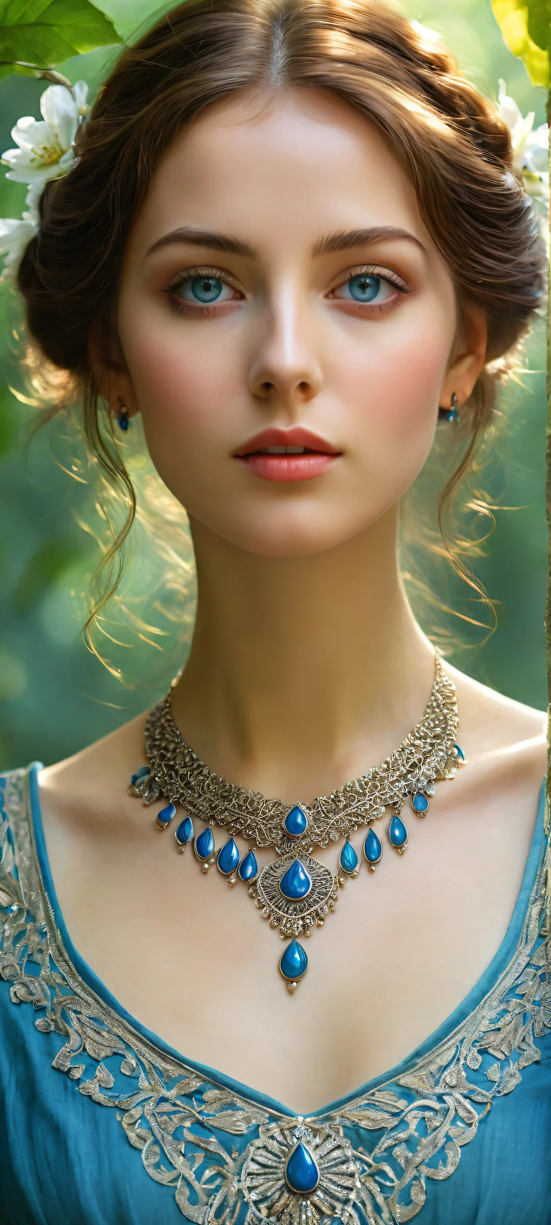 A serene maiden with beautiful brown hair and deep blue eyes surrounded by a lush green forest on iPhone/Android.