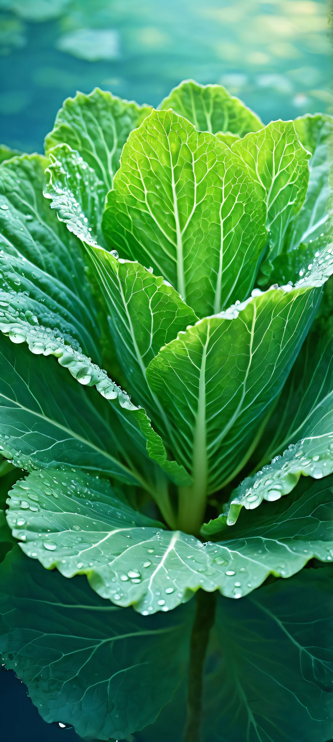 Delicate cabbage leaves on a serene aquatic environment with radiant lighting for iPhone and Android wallpapers.