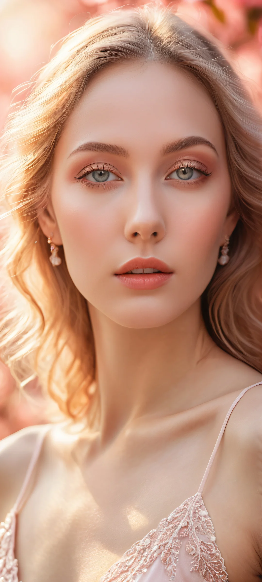 A breathtaking vertical portrait artwork of a woman's body on an iPhone/Android screen, showcasing vibrant blush hues and delicate skin texture.