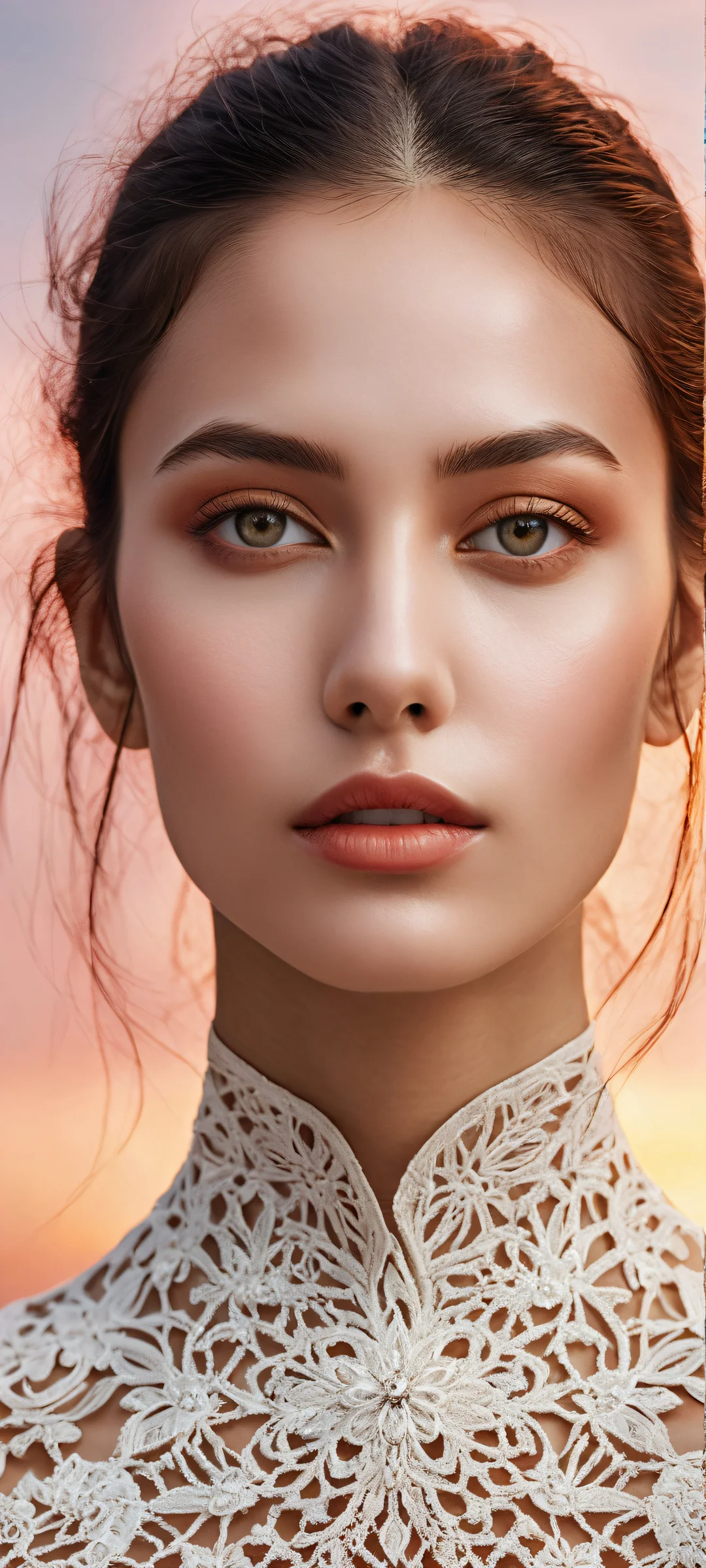 A serene and stunning portrait of a woman's face on an iPhone/Android phone's home screen, with intricate details and soft colors.