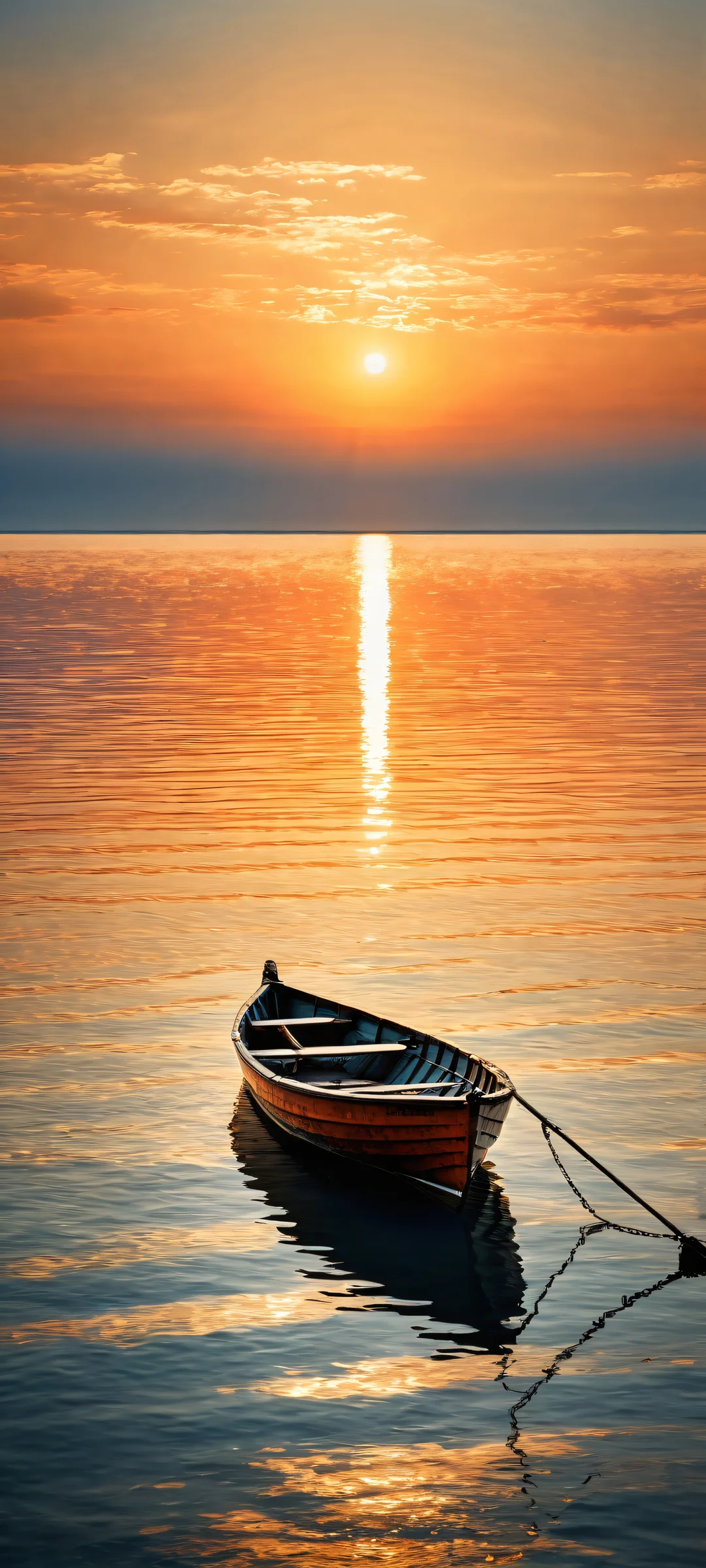 Lone wooden rowboat on a serene ocean at dusk. Perfect for iPhone/Android home screens.