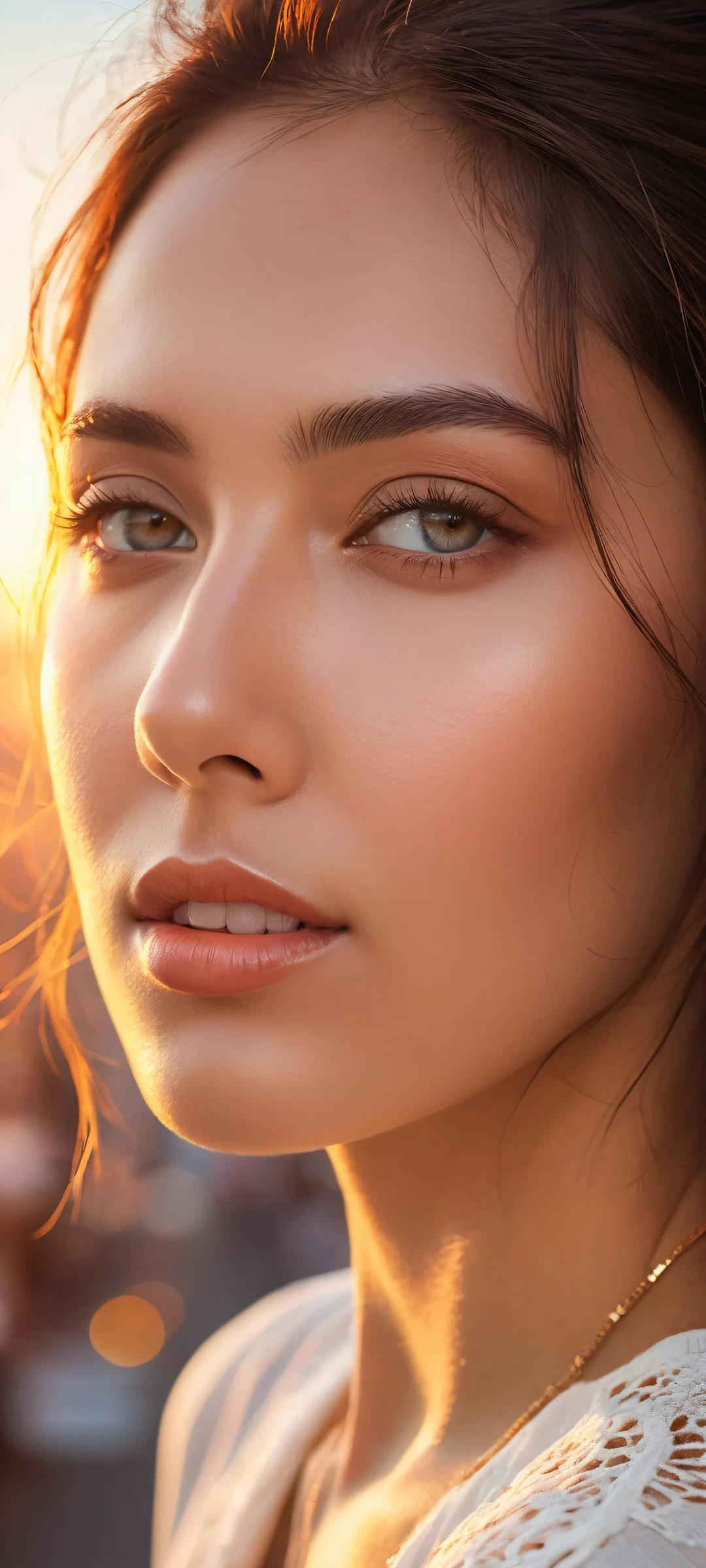 A beautiful woman's face with intricate facial expressions and subtle emotions placed in the lower-middle, perfectly clean top half for seamless UI integration, accompanied by a serene cityscape at sunset. Compatible with iPhone/Android.