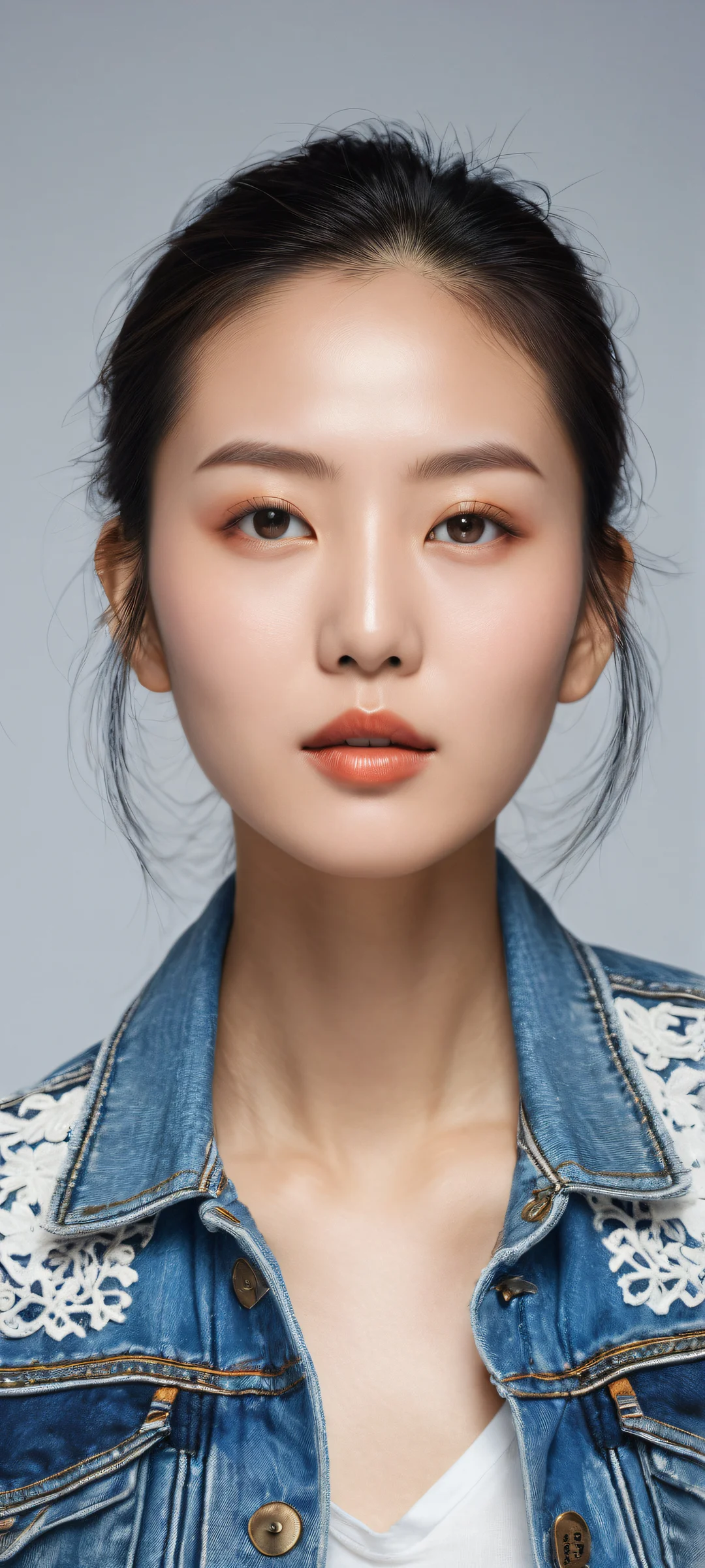 A serene Asian woman with intricate micro-details on her denim jacket and accessories, mitad superior perfectamente limpia para la interfaz de usuario, iPhone/Android wallpaper.