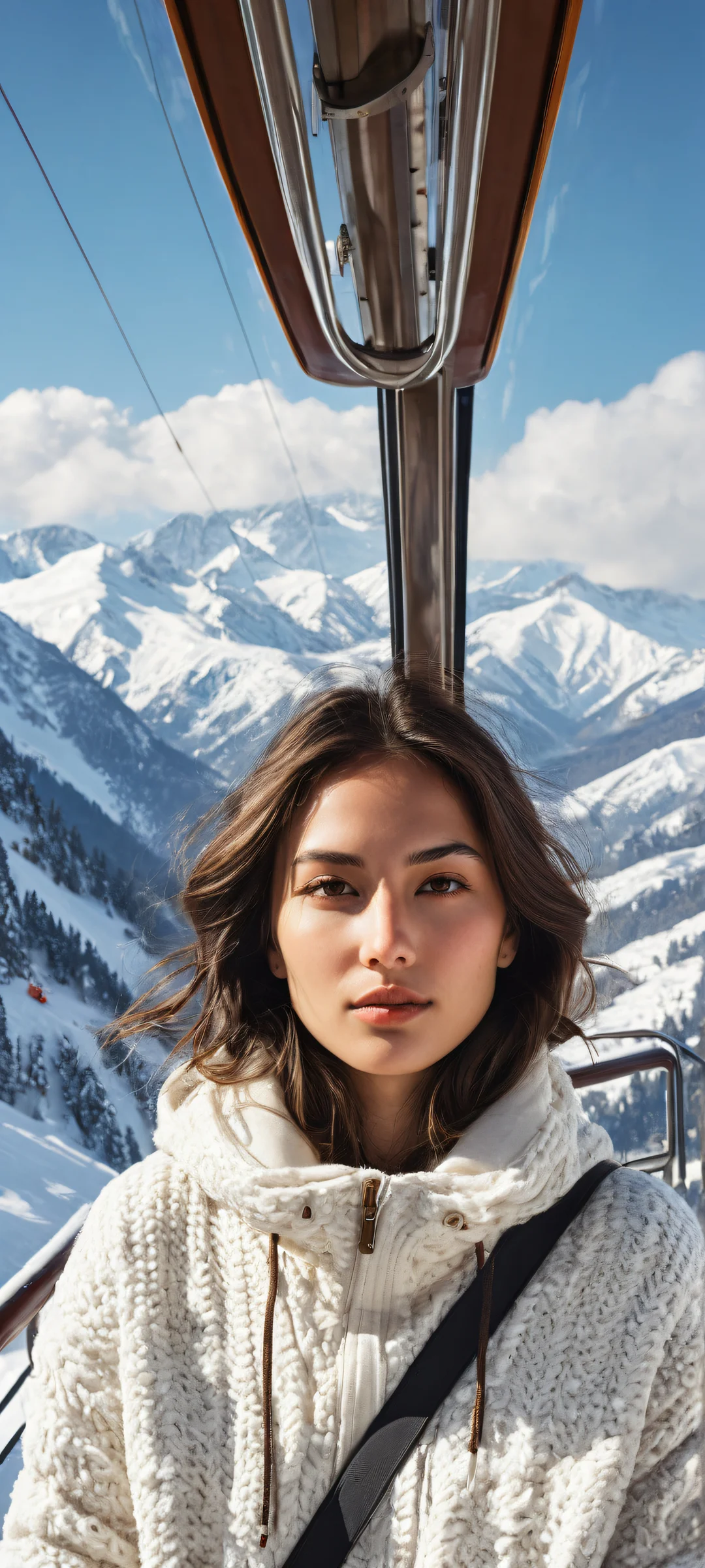 A stunning digital artwork featuring a young woman in a cable car on a snowy mountain. Perfectly optimized for iPhone, Samsung Galaxy, and Android home screens.